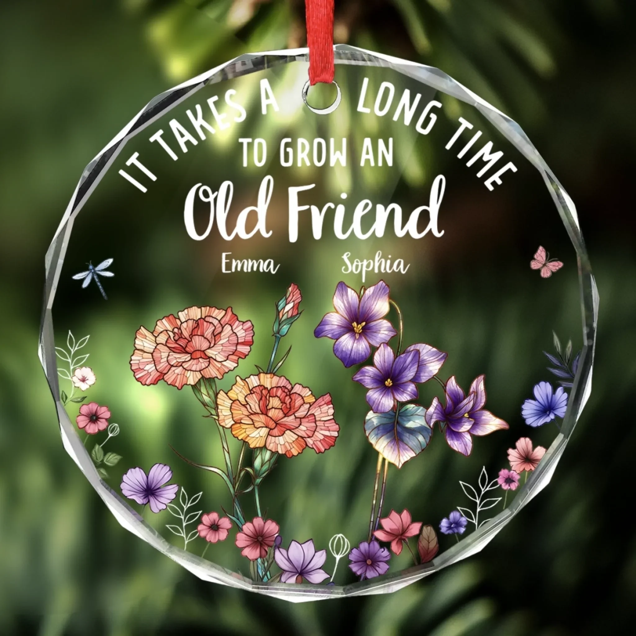 Custom Circle Glass Ornament - Personalized Christmas Best Friend Birthday Gifts For Women, Besties, Sisters, BFF - Friendship In Full Bloom - Robaser