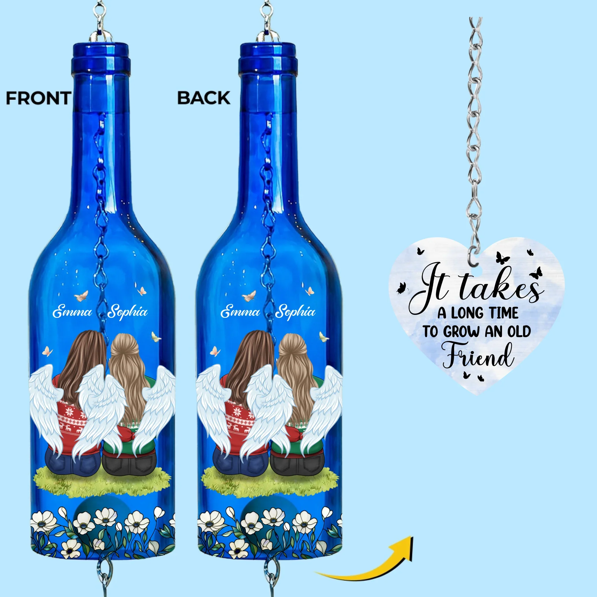 Custom Wine Bottle Wind Chime - Personalized Best Friend Birthday Gifts For Women, Besties, Sisters, BFF - Side By Side, Heart To Heart - Robaser