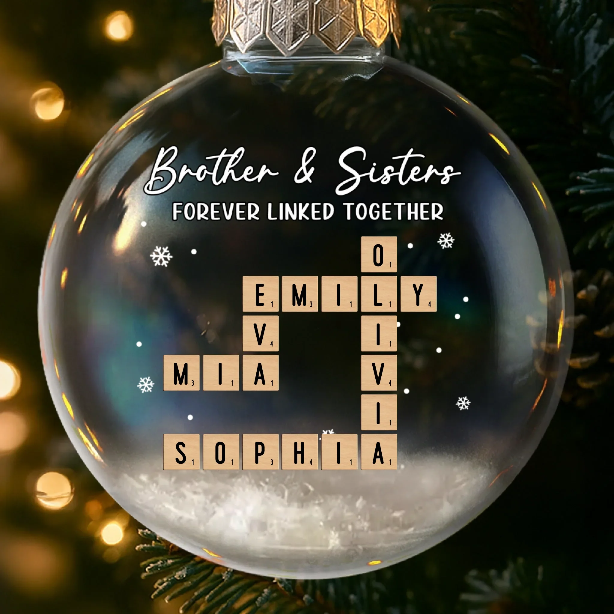 Custom Scrabble Snow-Filled Ball Ornament - Personalized Christmas Birthday Gifts For Brother, Sister - Love Wrapped Beneath - Robaser