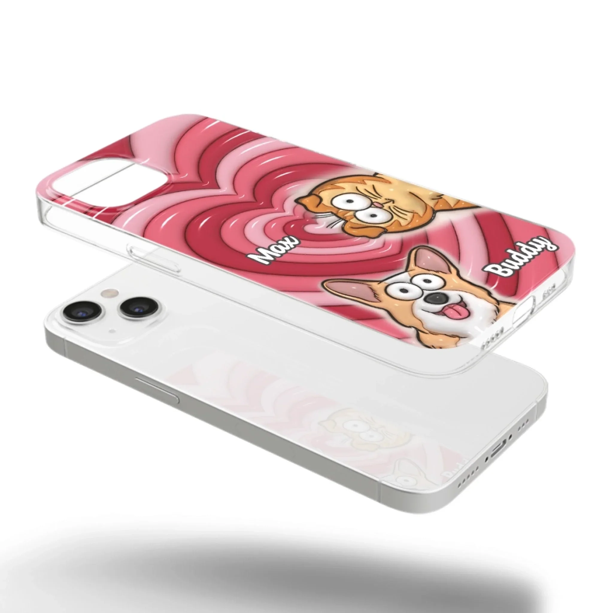 Custom 3D Inflated Effect Printed Clear Phone Case - Personalized Birthday Gifts For Dog Cat Lovers, Dog Dad And Mom, Cat Owners - Cute Pets, Happy Hearts - Robaser