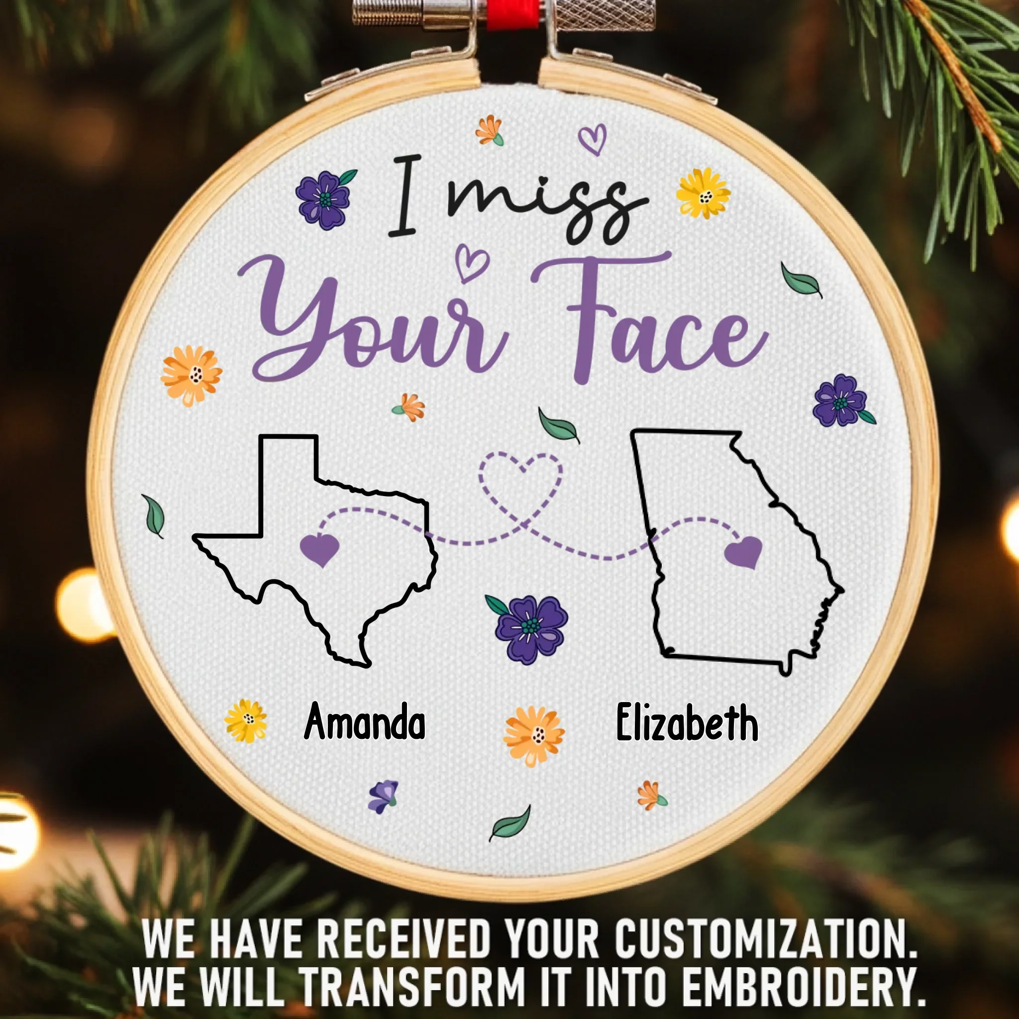 Custom Long Distance Embroidered Ornament - Personalized Best Friend Christmas Birthday Gifts For Women, Besties, Sisters, BFF - Hearts Connected Across The Miles - Robaser