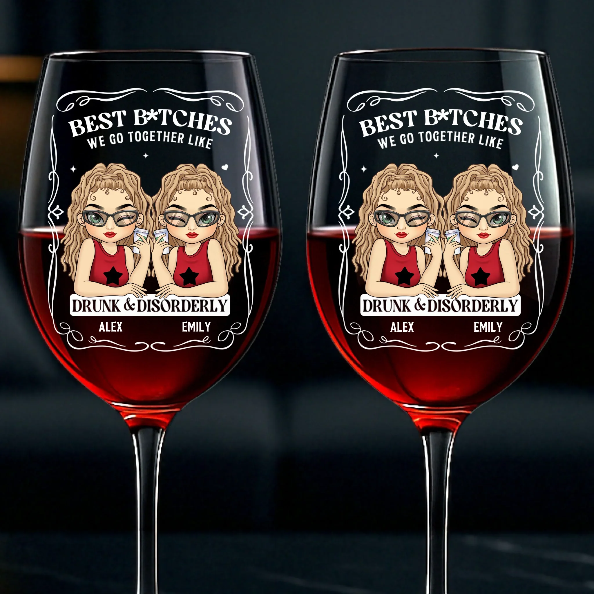 Custom Stemmed Wine Glass - Personalized Best Friend Birthday Gifts For Women, Besties, Sisters, BFF - Trouble Makers Till The End - Robaser