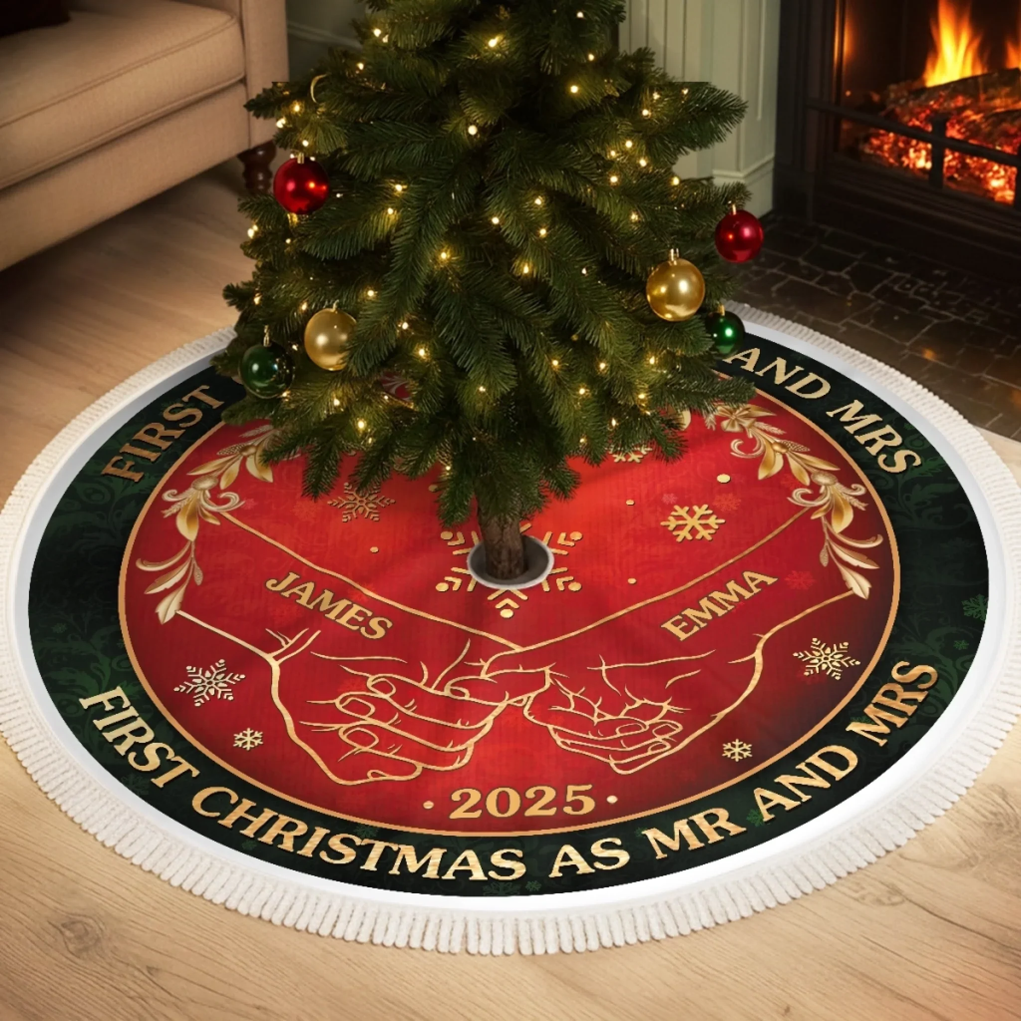 Custom First Christmas Tree Skirt - Personalized Anniversary Christmas Wedding Gifts For Husband And Wife, Him And Her - Warm Hearts One Winter Night - Robaser