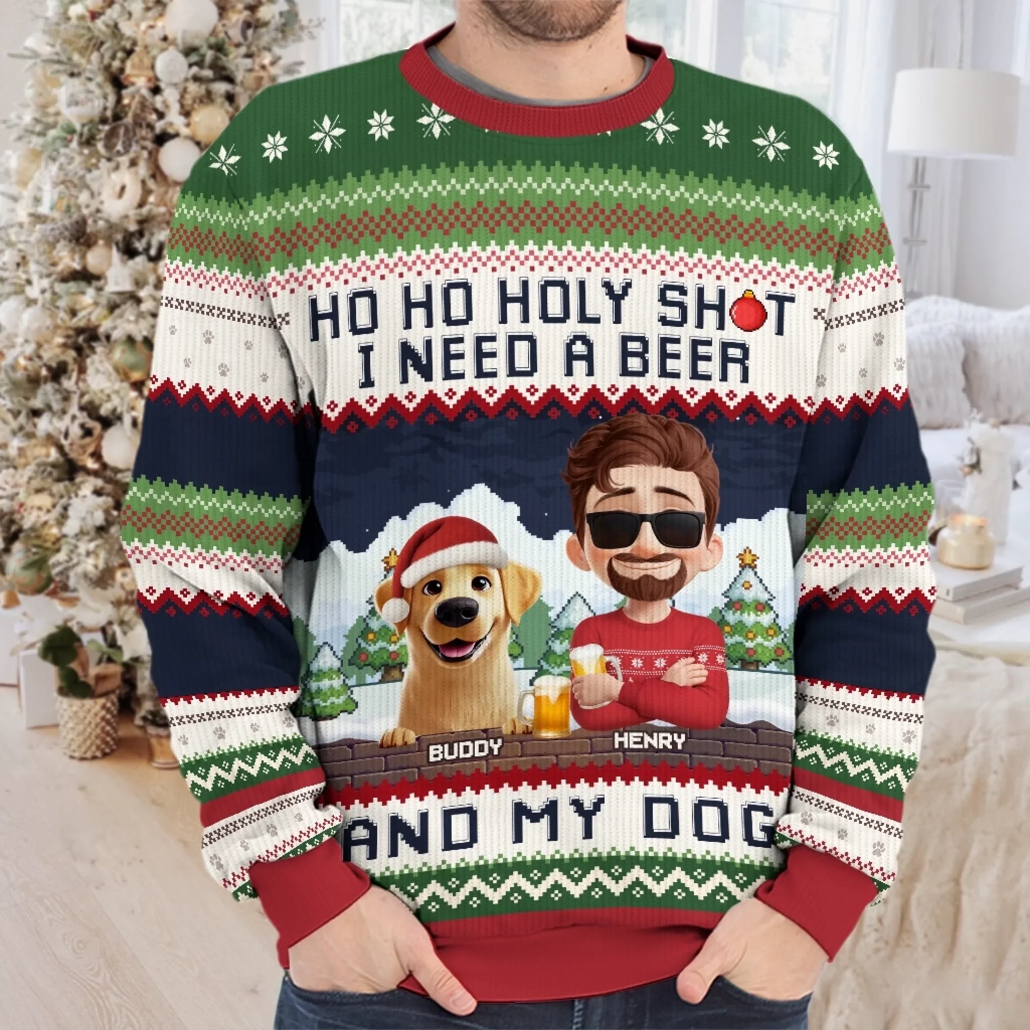 Custom Unisex Ugly Sweatshirt - Personalized  Christmas Birthday Gifts For Dog Lovers, Dog Dad And Mom - Ho Ho Hold My Beer - Robaser