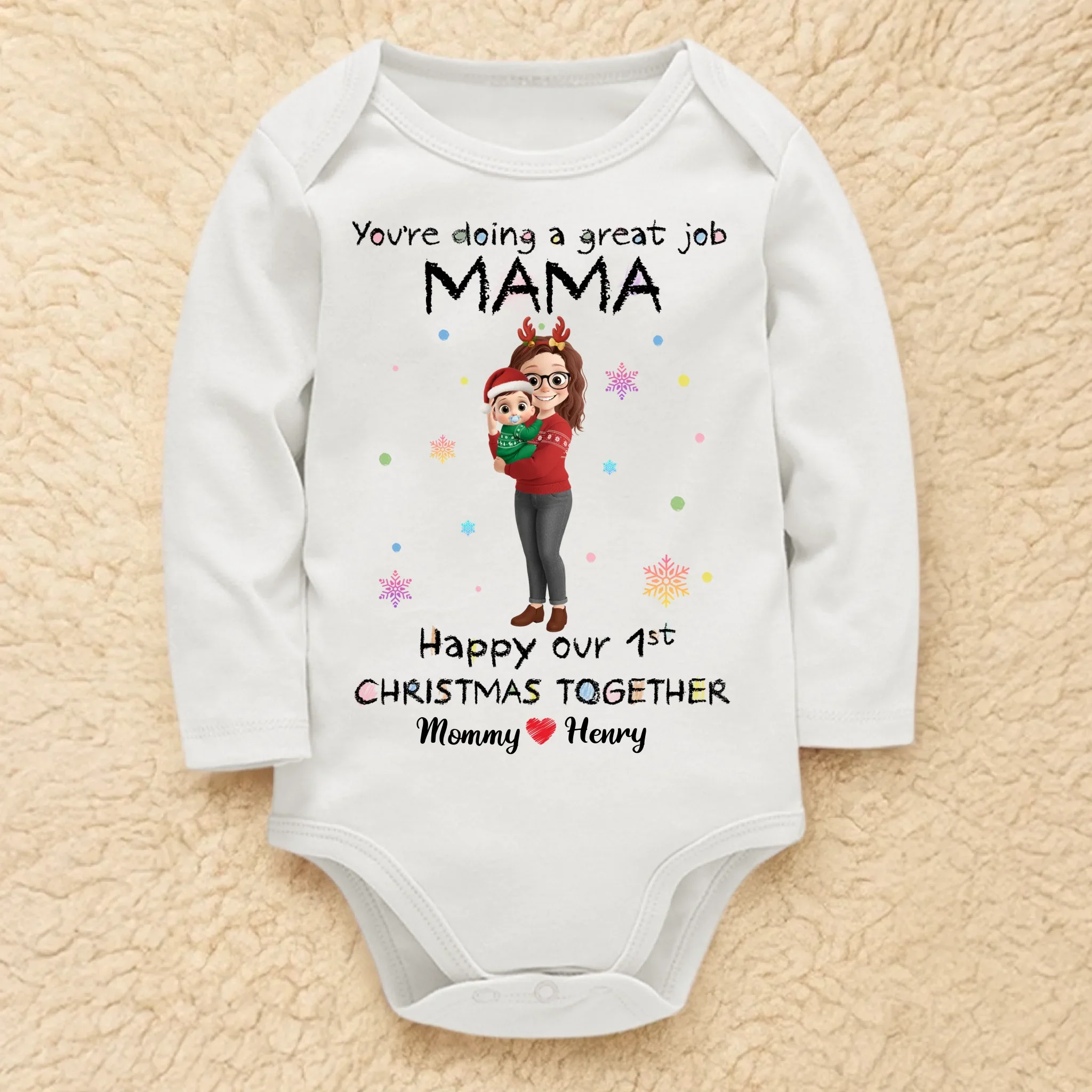 Custom First Christmas Long Sleeve Baby Onesie - Personalized Christmas Baby Shower, Gender Reveal Gifts For New Moms, New Dads, New Parents - Tiny Hands Big Love - Robaser