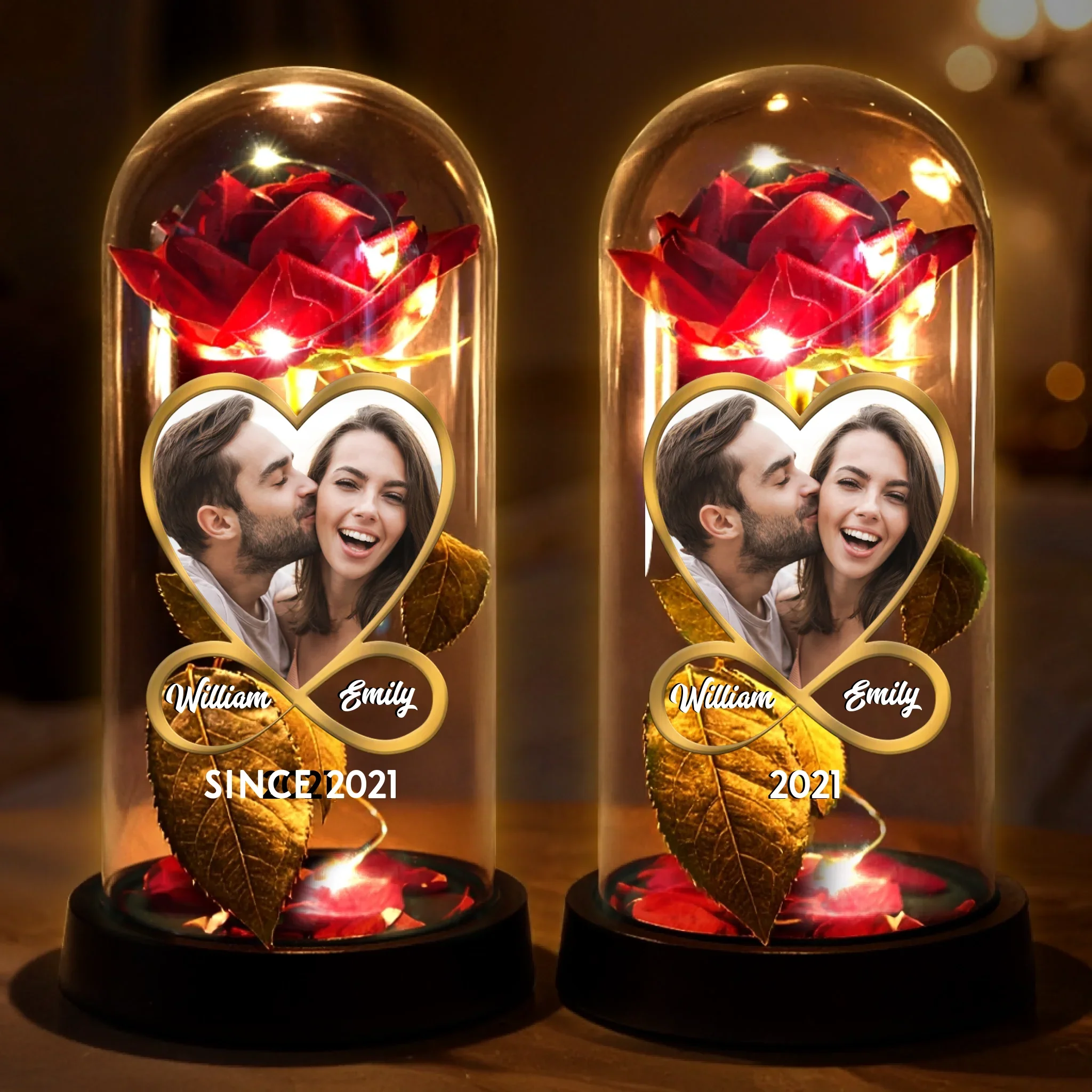 Custom Photo Light Up Eternal Rose In Glass Dome - Personalized Anniversary Wedding Gifts For Husband And Wife, Him And Her - Love In Full Bloom - Robaser