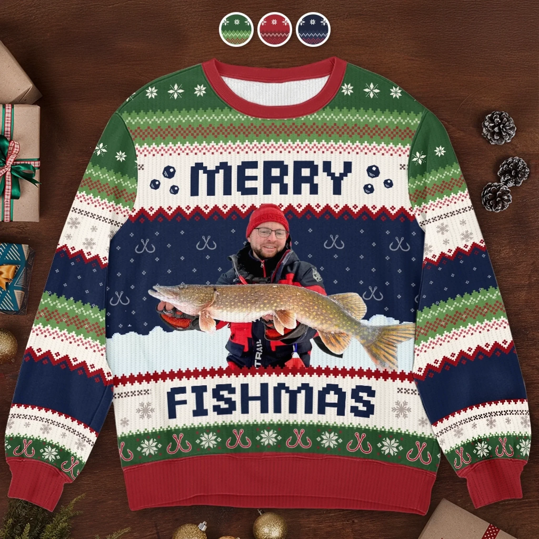 Custom Photo Unisex Ugly Sweatshirt - Personalized Christmas Birthday Fishing Gifts For Fisherman - Merry Fishman - Robaser