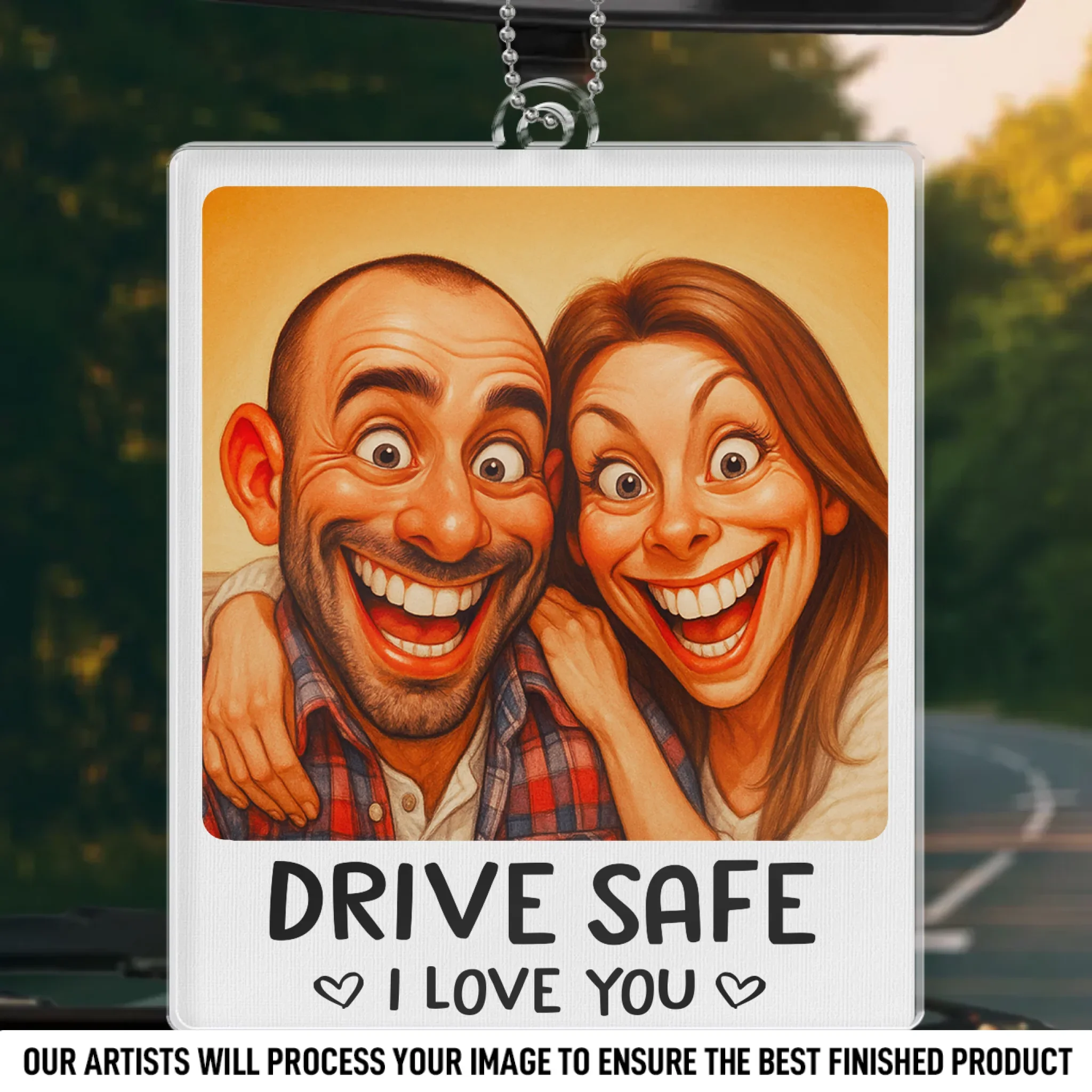 Custom Photo Funny Caricature Acrylic Car Ornament - Personalized Anniversary Wedding Gifts For Husband And Wife, Him And Her - Safe Driver, Happy Lover - Robaser