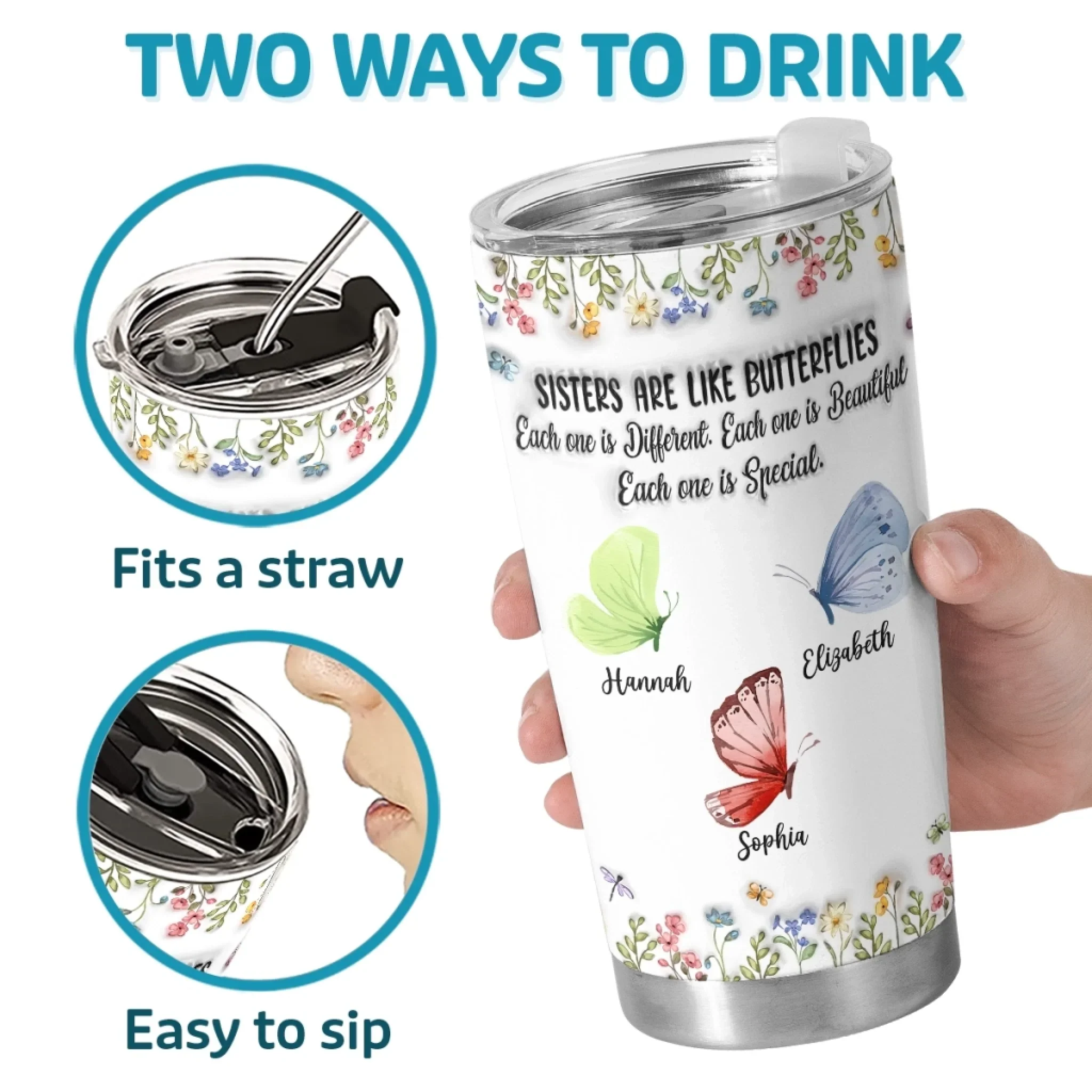 Custom Butterfly Tumbler - Personalized Best Friend Birthday Gifts For Women, Besties, Sisters, BFF - Together We Fly Higher - Robaser