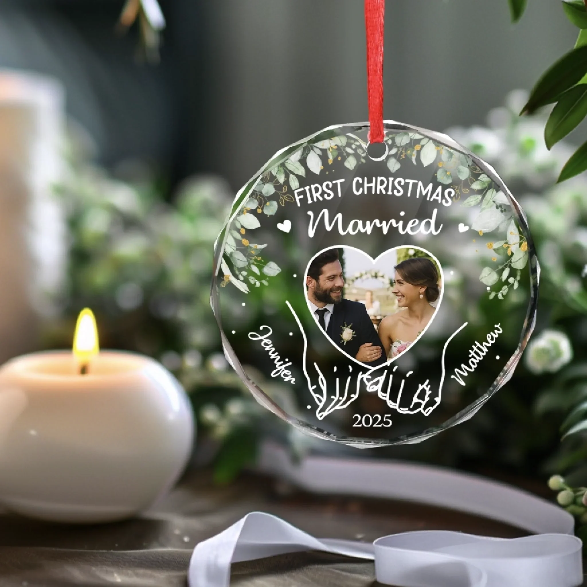 Custom Photo Circle Glass Ornament - Personalized Anniversary Christmas Wedding Gifts For Husband And Wife, Him And Her - Wrapped In Love, Tied With Joy - Robaser