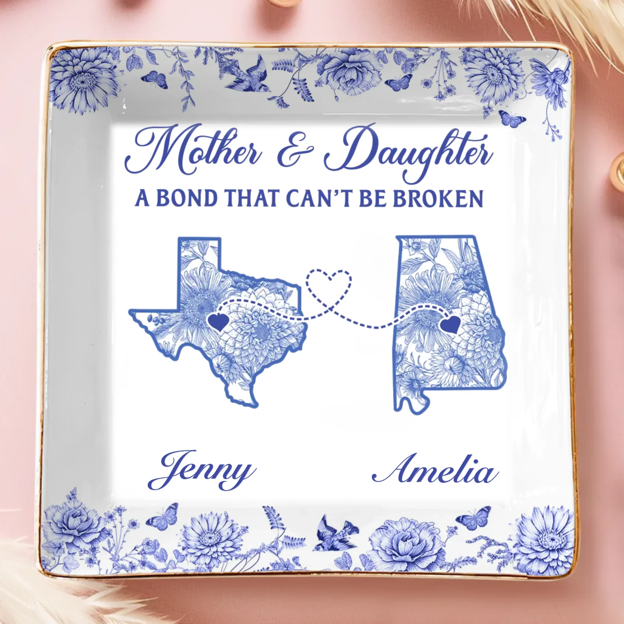 Custom Long Distance Full-Print Jewelry Dish - Personalized Birthday Gifts For Mom, Daughter - No Distance Between Hearts - Robaser