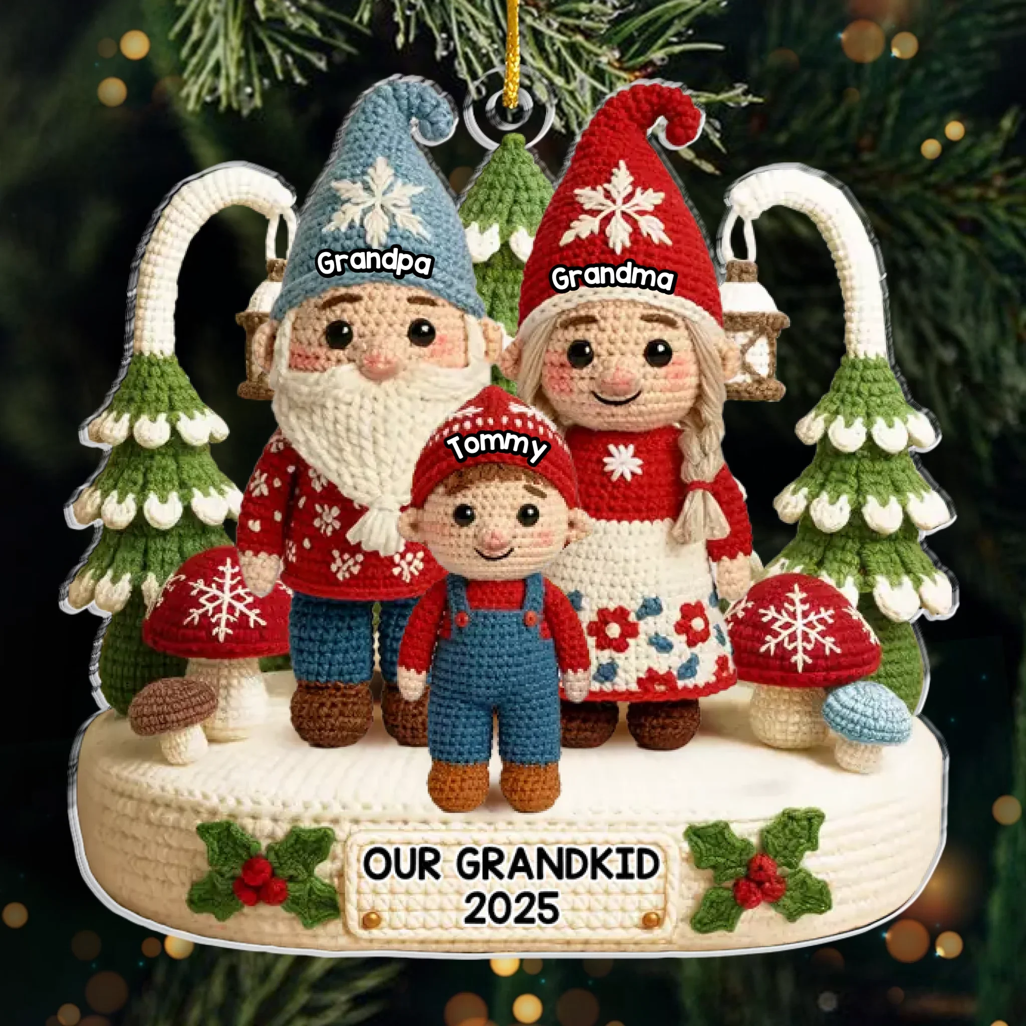 Custom Crochet Gnome Acrylic Ornament - Personalized Christmas Birthday Gifts For Grandpa, Grandma - Together We Celebrate Christmas Joy - Robaser