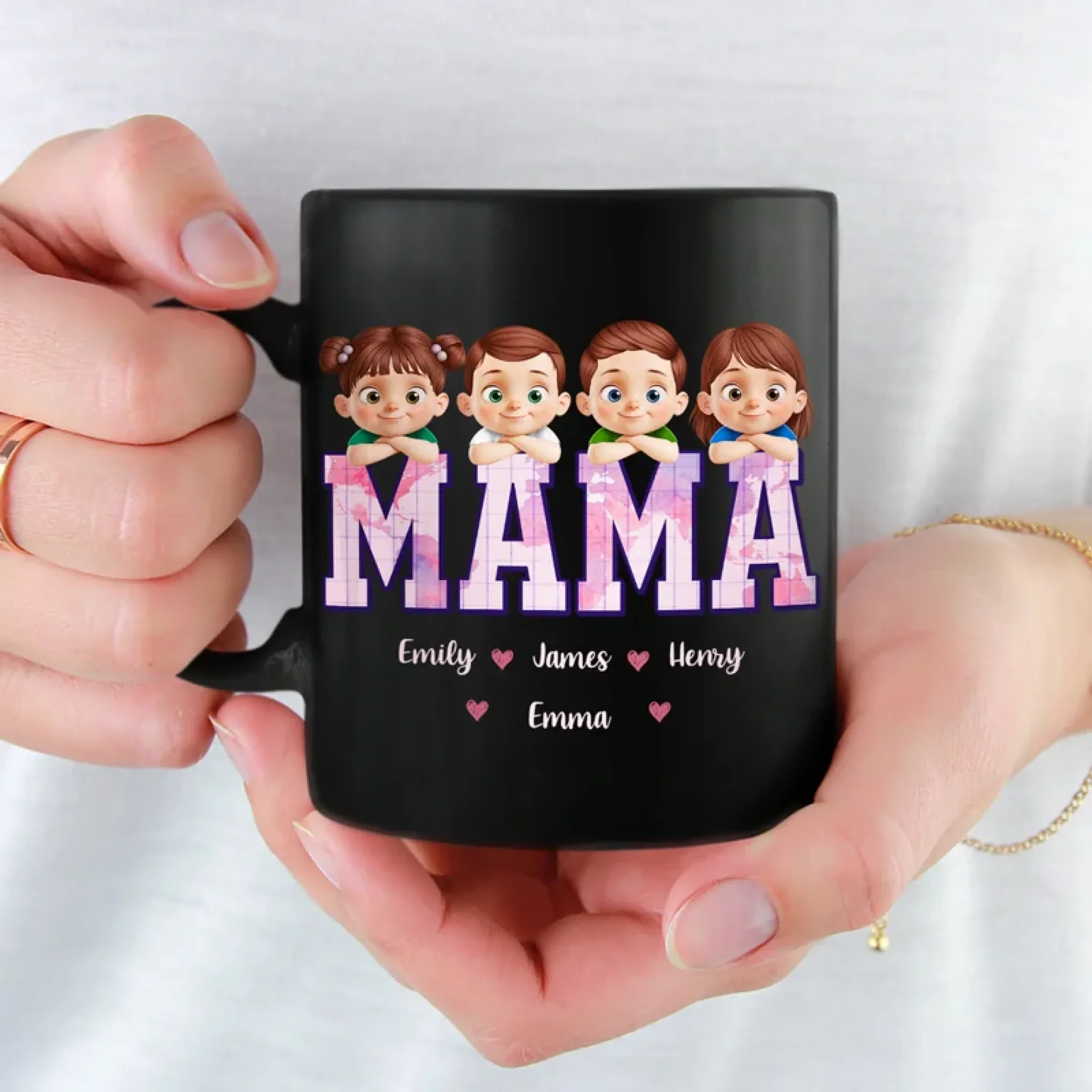 Wake Up To My World - Family Personalized Custom Black Mug - Mother's Day, Gift For Mom, Grandma - Robaser