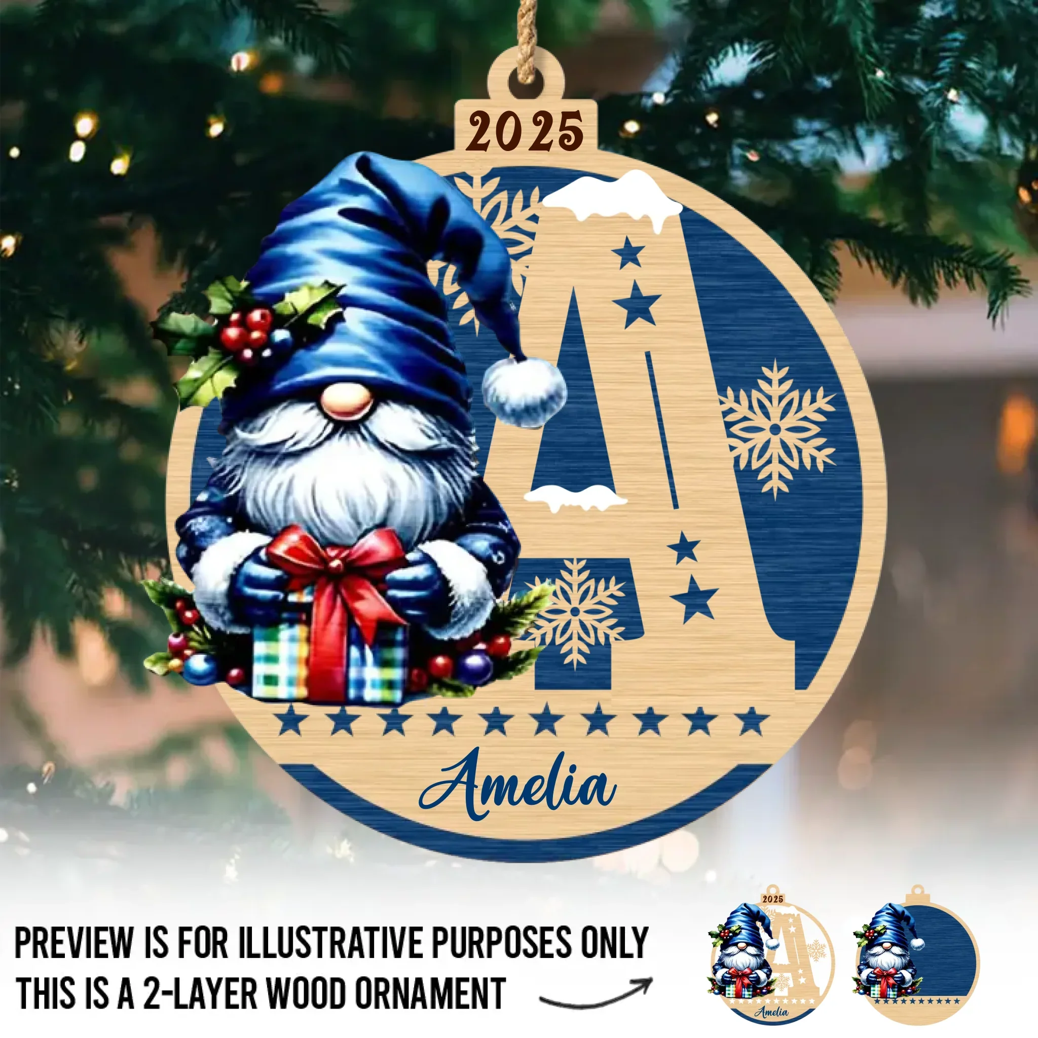 Custom Gnome Double Layer Wooden Ornament - Personalized Christmas Birthday Gifts For Mom, Dad, Brother, Sister, Kids - Moments Together Forever Treasured - Robaser