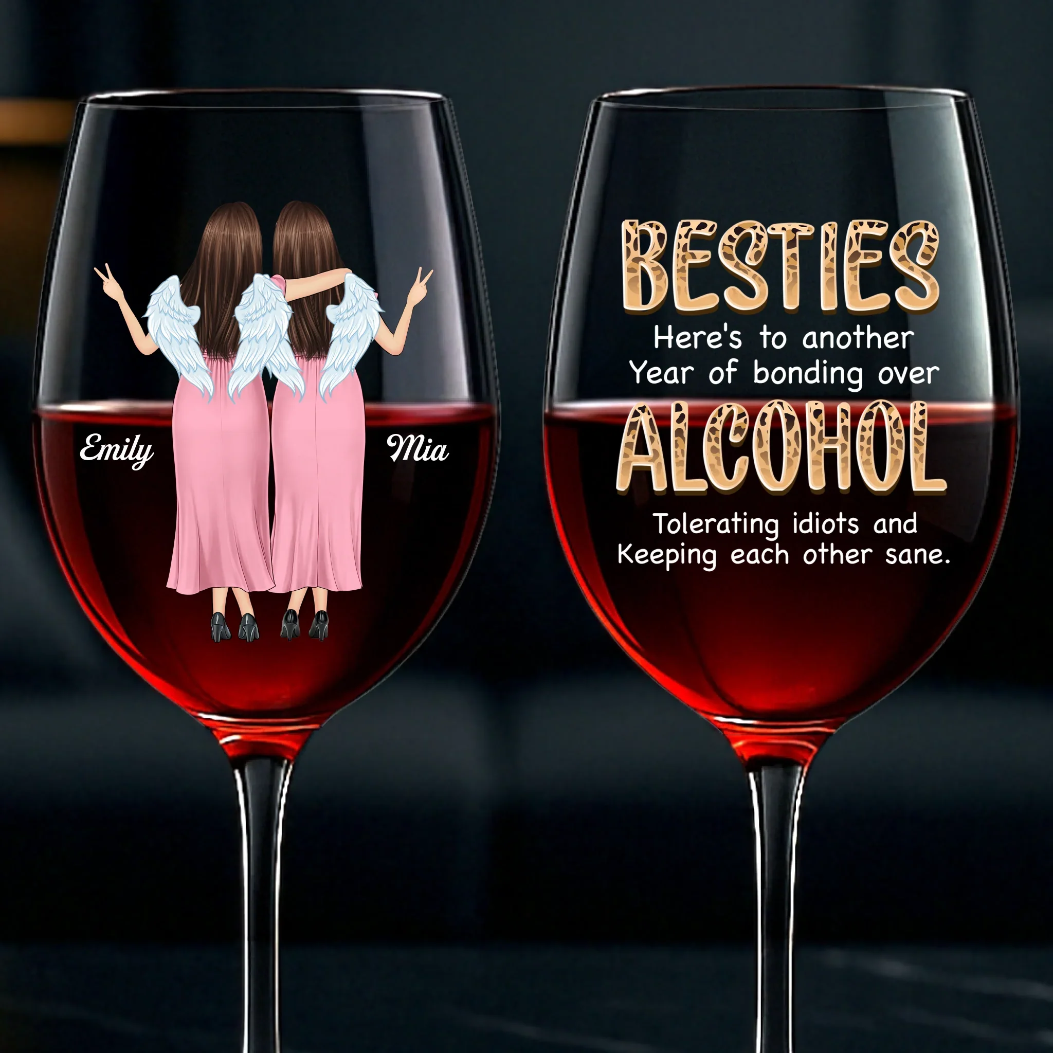 Custom Stemmed Wine Glass - Personalized Best Friend Birthday Gifts For Women, Besties, Sisters, BFF - Sip Happens, Besties Forever - Robaser