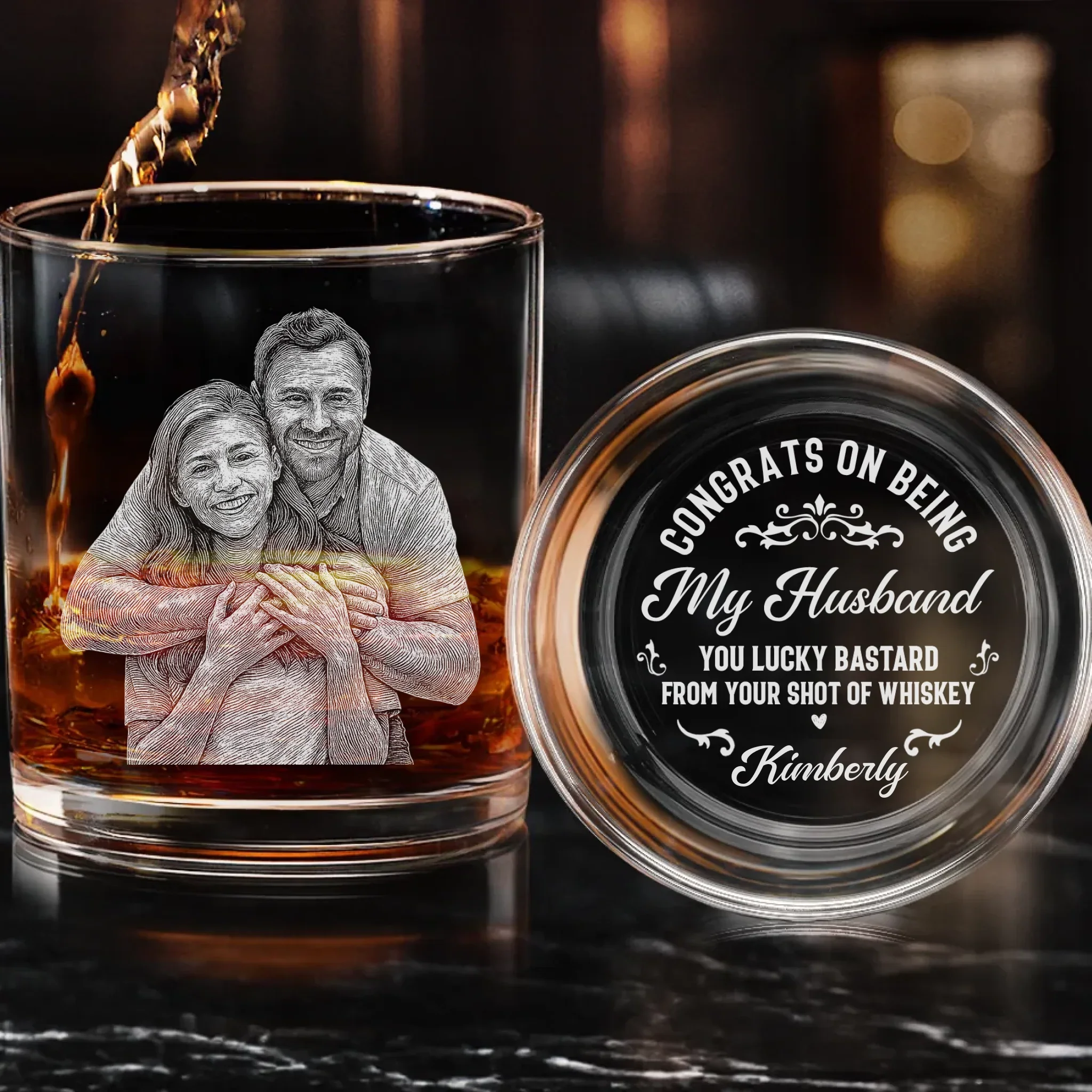 Custom Photo Cheers To The Man Who Won The Jackpot - Couple Personalized Custom Whiskey Glass With Bottom And Side Engraving - Gift For Husband Wife, Anniversary - Robaser