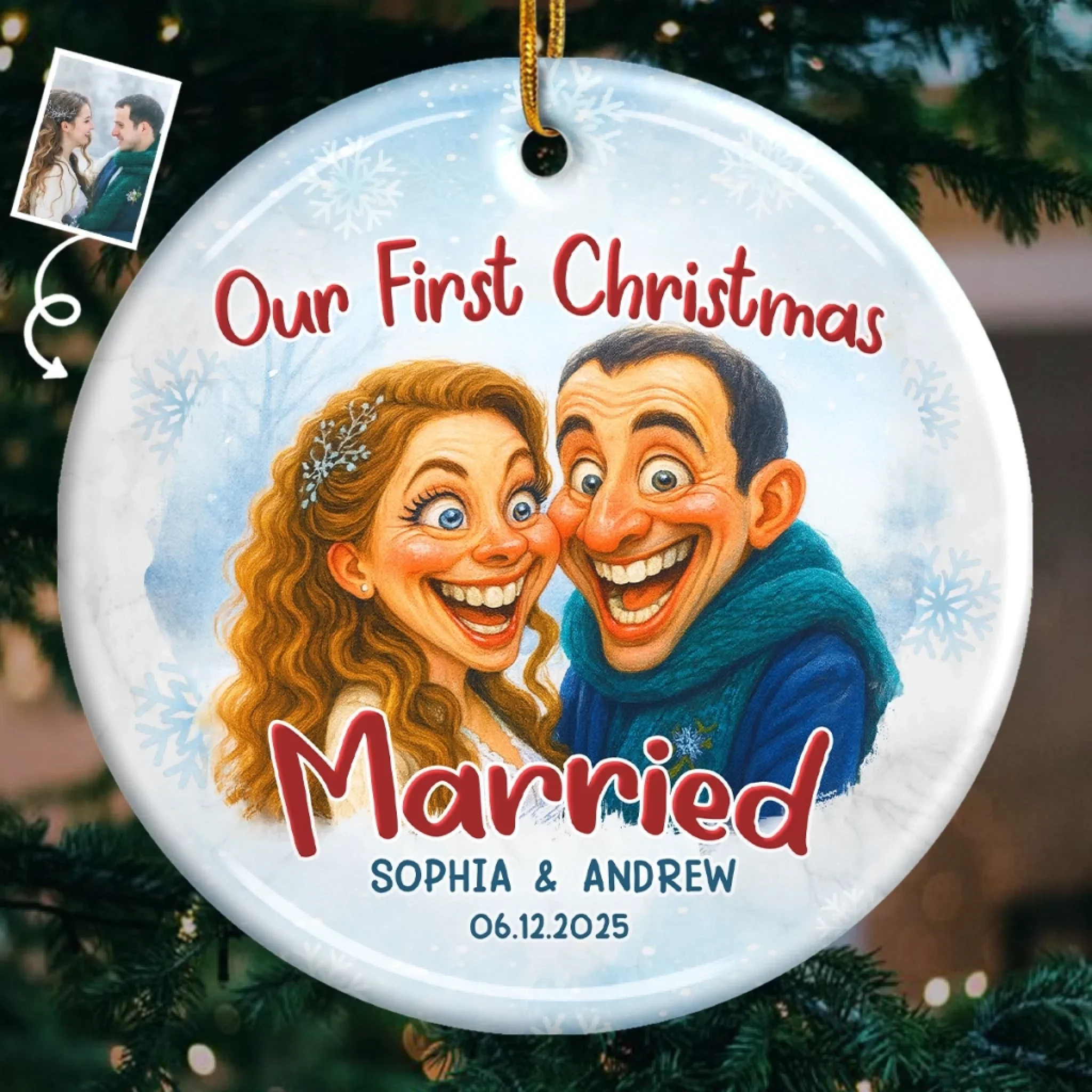 Custom Photo Funny Caricature Ceramic Ornament - Personalized Anniversary Christmas Wedding Gifts For Husband And Wife, Him And Her - Survived Our First Christmas As Mr And Mrs - Robaser