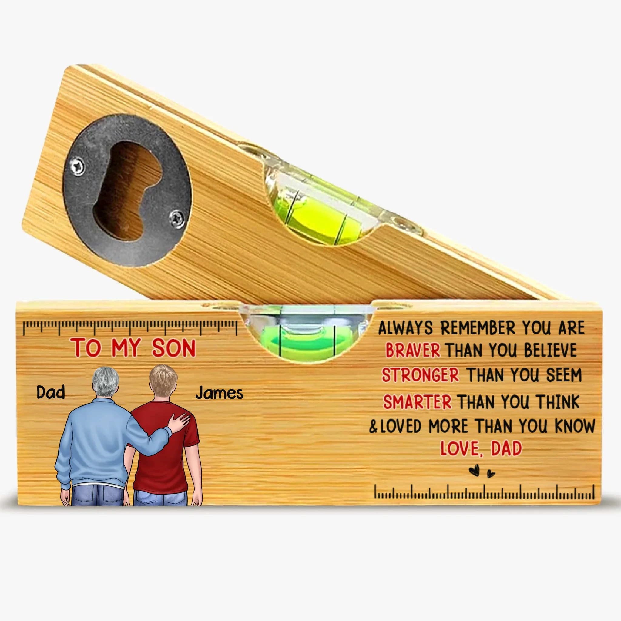 Custom Wooden Bottle Opener With Built-in Spirit Level - Personalized Birthday Gifts For Mom, Dad, Daughter, Son - Cheers To Us - Robaser