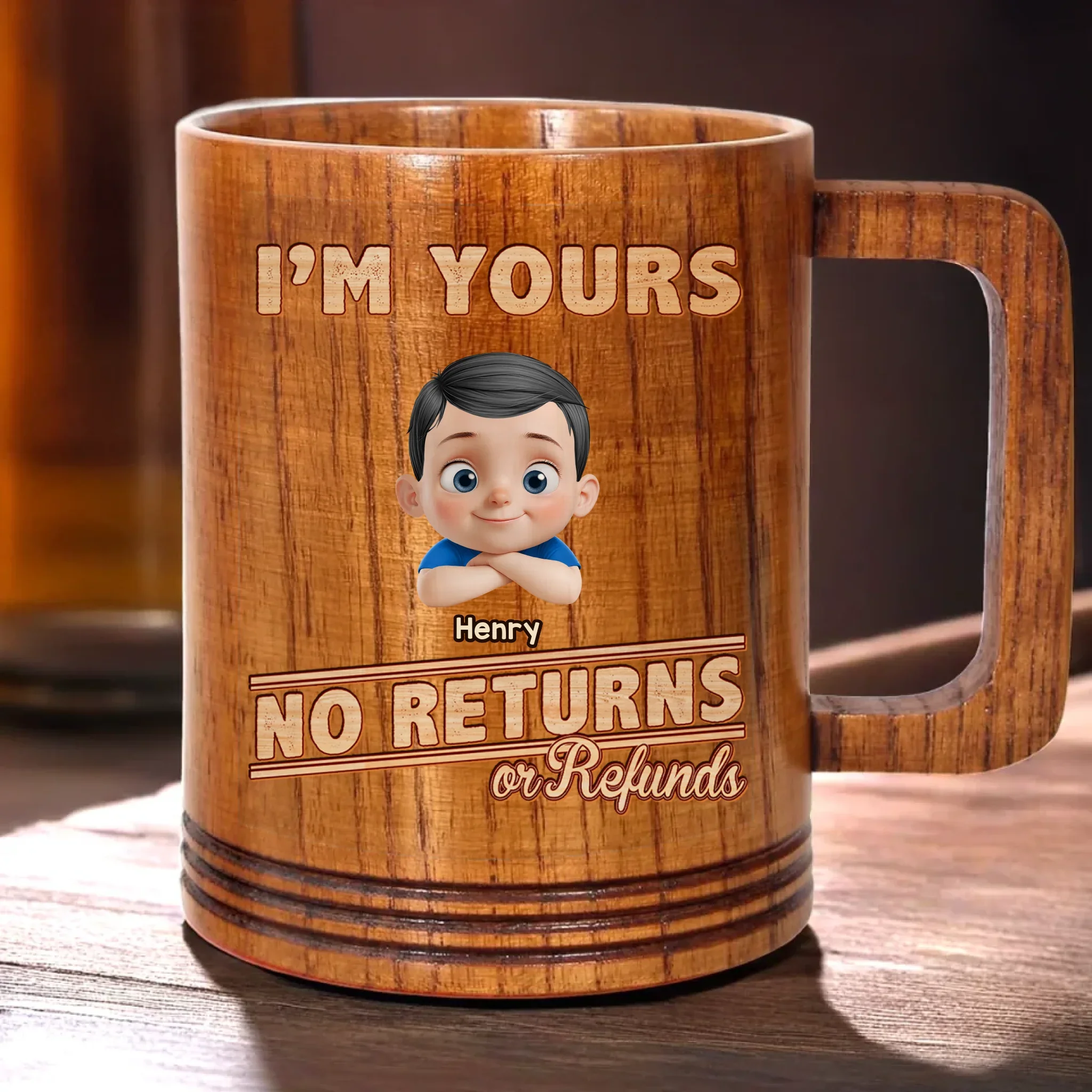 Too Cute To Return - Family Personalized Custom Wooden Mug - Father's Day, Gift For Dad, Grandpa - Robaser