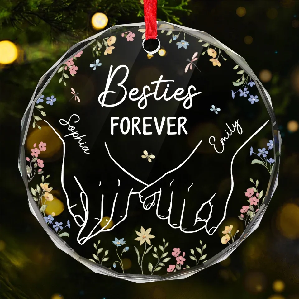 Hand In Hand And Heart To Heart - Bestie Personalized Custom Circle Glass Ornament - Christmas Gift For Best Friends, BFF, Sisters - Robaser