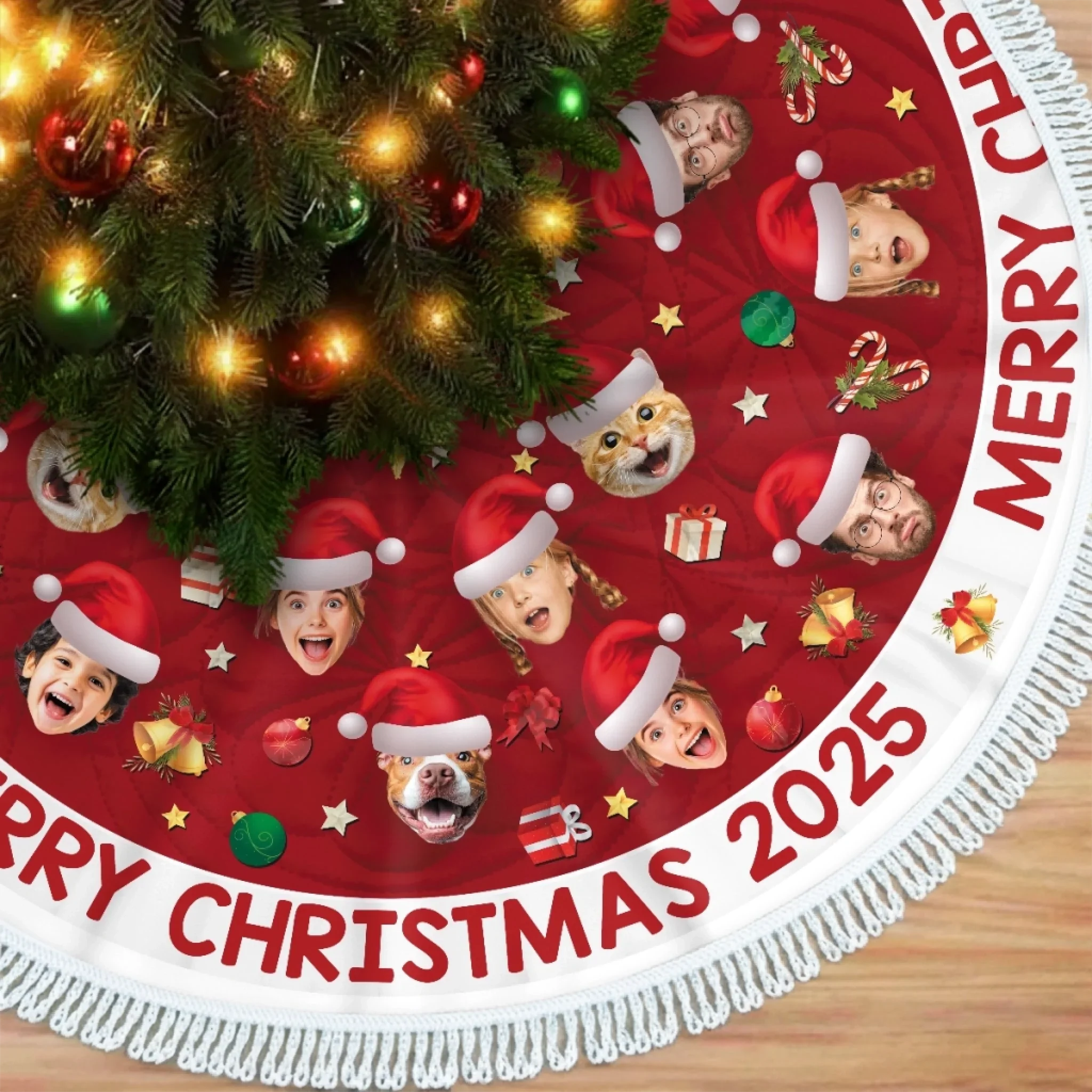Custom Photo Tree Skirt - Personalized Christmas Birthday Gifts For Family, Dog Cat Lovers - Festive Faces, Furry Places - Robaser