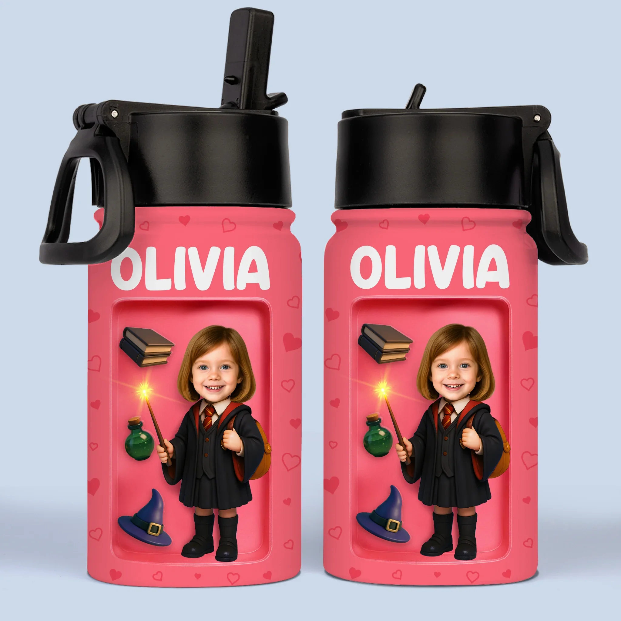 Custom Photo 3D Inflated Effect Printed Kids Water Bottle - Personalized Back To School Gifts For Kids - Ready To Cast Some Spells - Robaser