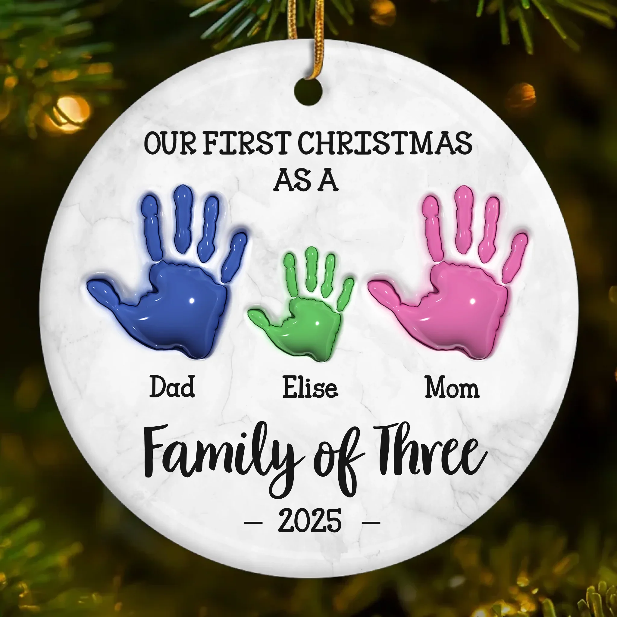 Custom Ceramic Ornament - Personalized Christmas Birthday Gifts For Mom, Dad, Kids - Our First Handprint Christmas Keepsake - Robaser