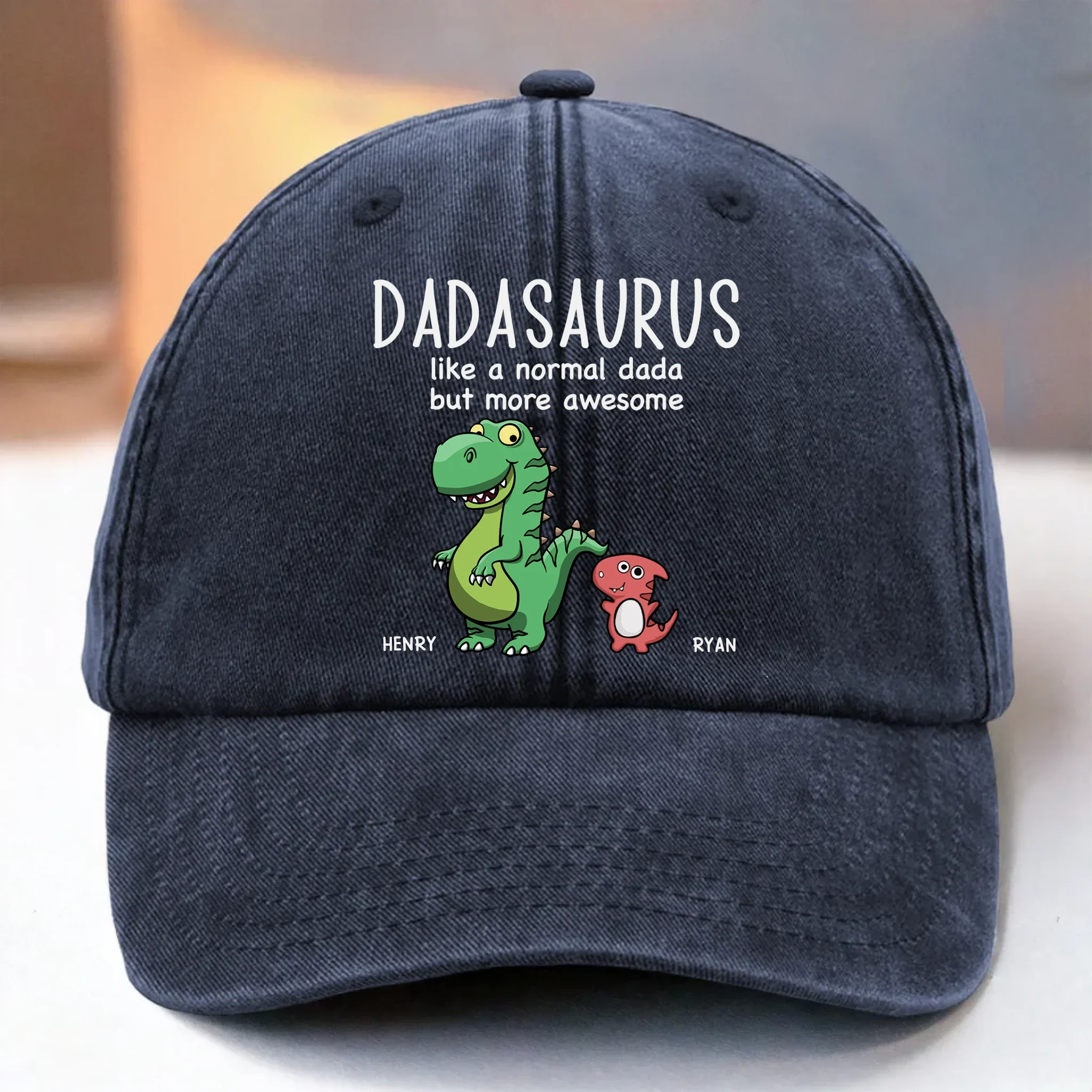 Custom Vintage Washed Denim Baseball Cap - Personalized Birthday Gifts For Dad, Grandpa - Grandpasaurus Rules The Roost - Robaser