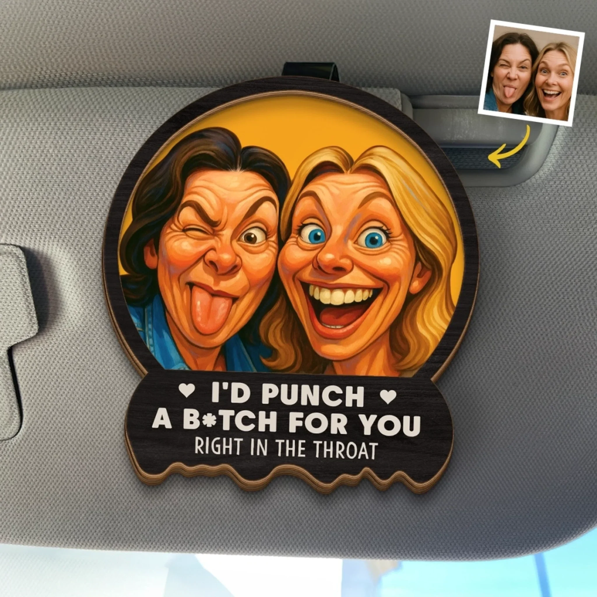 Custom Photo Funny Caricature Car Visor Clip - Personalized Best Friend Birthday Gifts For Women - I'd Punch For You - Robaser