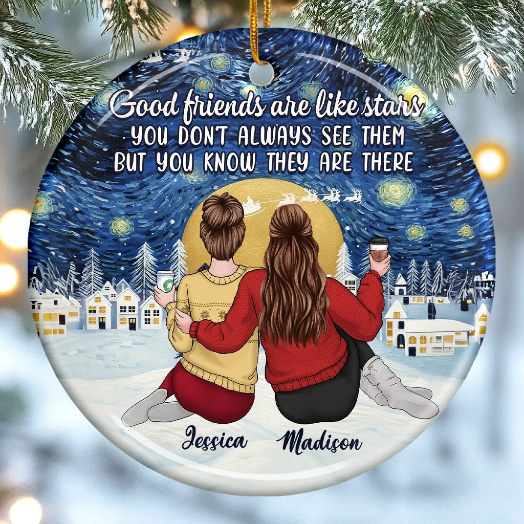 Custom Starry Night Ceramic Ornament - Personalized Best Friend Christmas Birthday Gifts For Women, Besties, Sisters, BFF - Our Bond Our Joy - Robaser