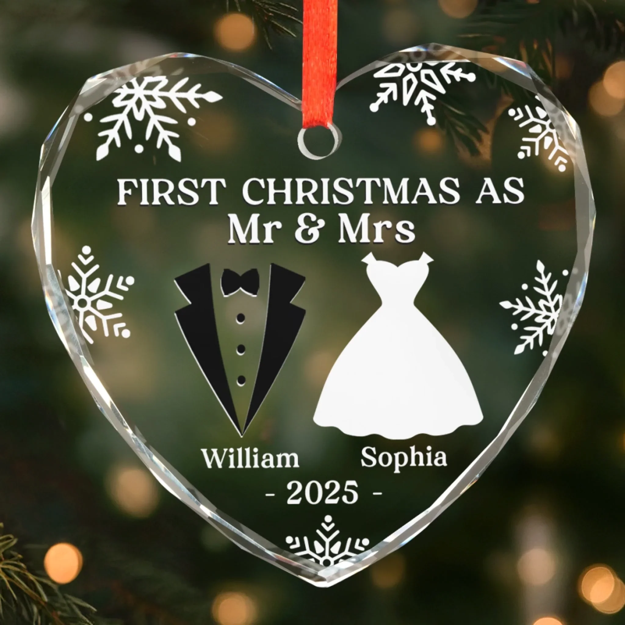 Custom Heart, Round Glass Ornament - Personalized Anniversary Christmas Wedding Gifts For Husband And Wife, Him And Her - Our First Christmas As Mr & Mrs - Robaser