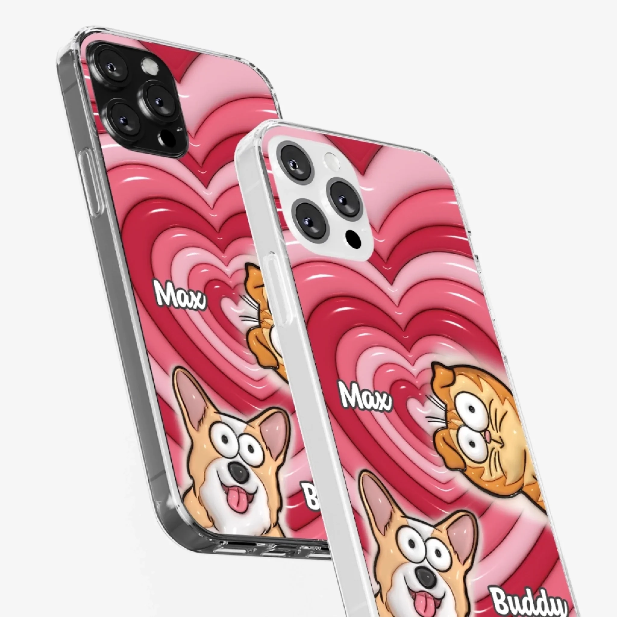 Custom 3D Inflated Effect Printed Clear Phone Case - Personalized Birthday Gifts For Dog Cat Lovers, Dog Dad And Mom, Cat Owners - Cute Pets, Happy Hearts - Robaser