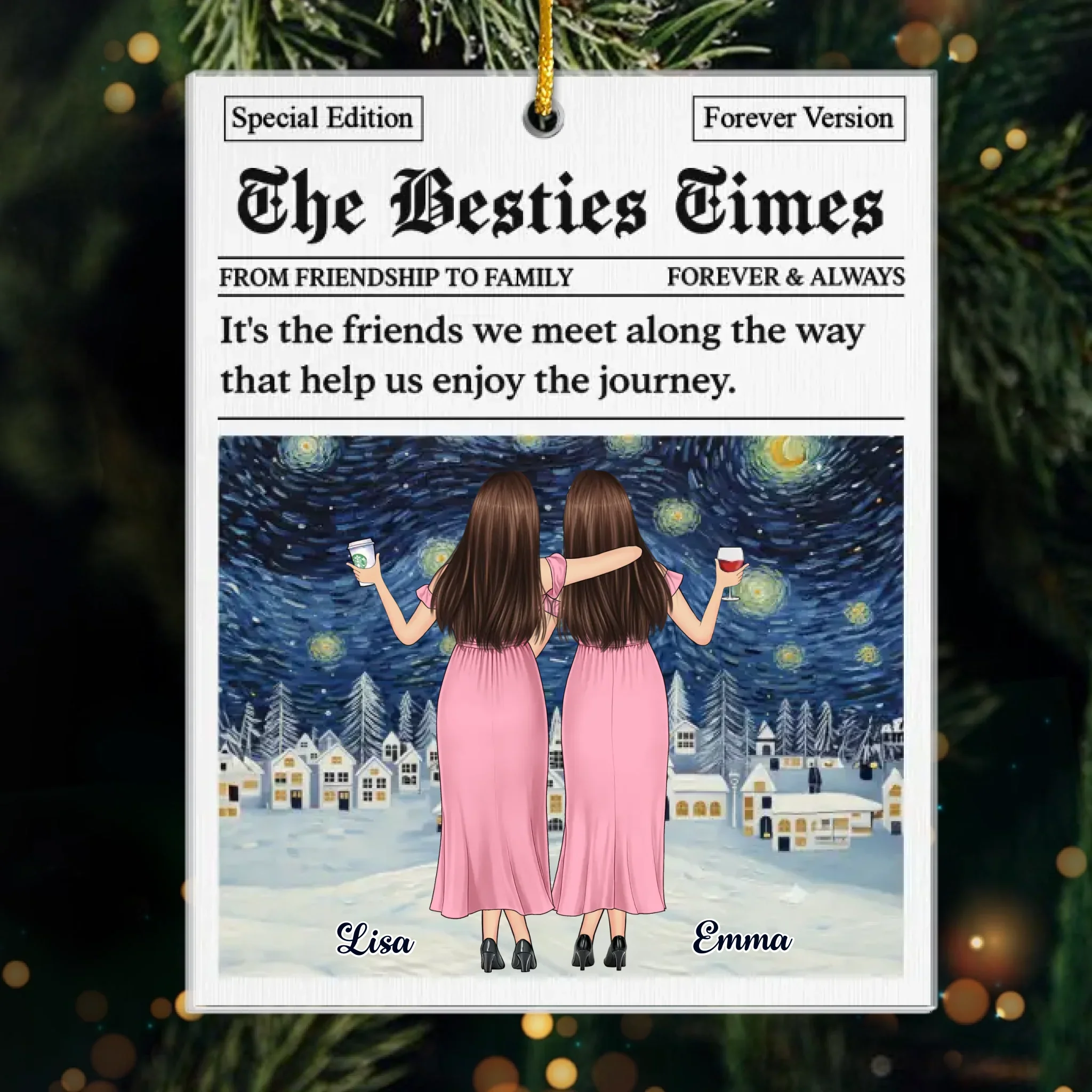 Custom Starry Night Acrylic Ornament - Personalized Best Friend Christmas Birthday Gifts For Women, Besties, Sisters, BFF - Merry Hearts Forever Friends - Robaser