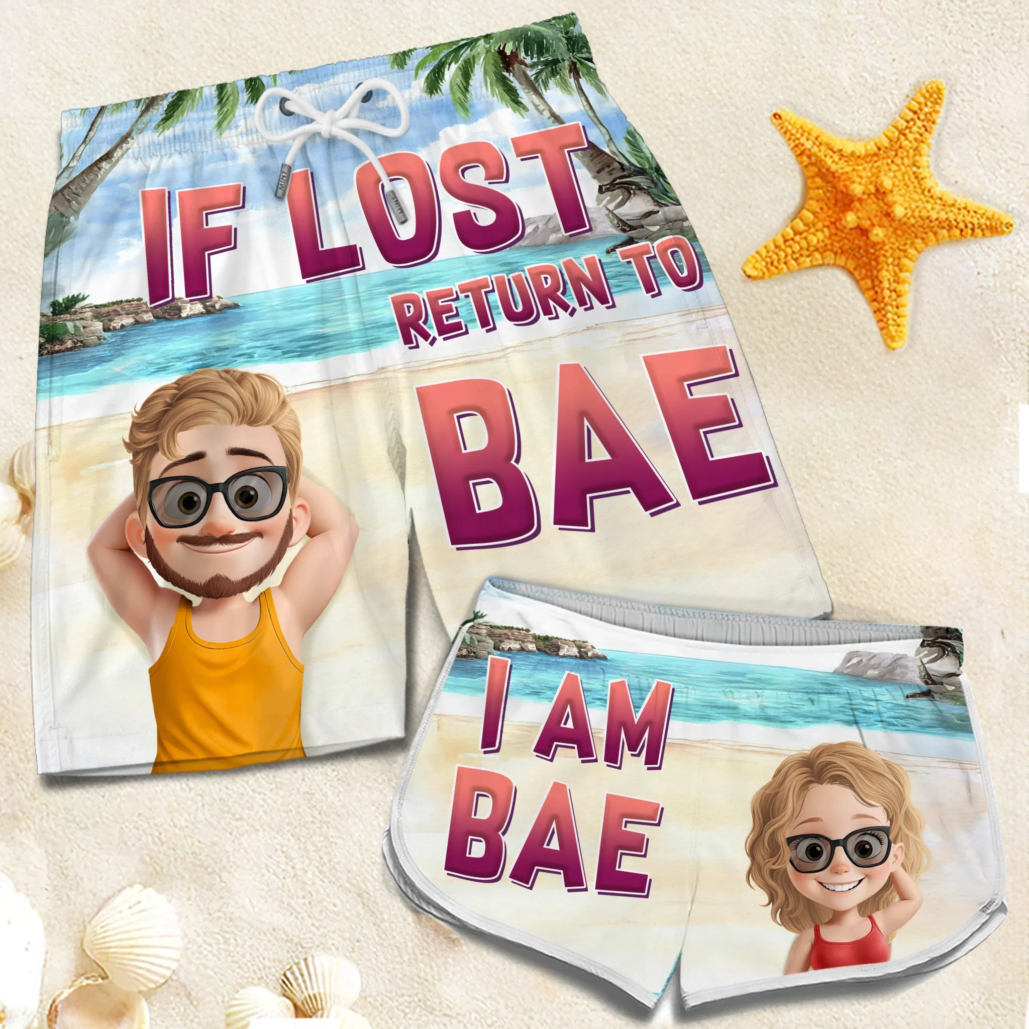 Lost And Found With Bae - Funny Personalized Custom Tropical Hawaiian Aloha Couple Beach Shorts - Summer Vacation Gift, Birthday Party Gift For Husband Wife - Robaser