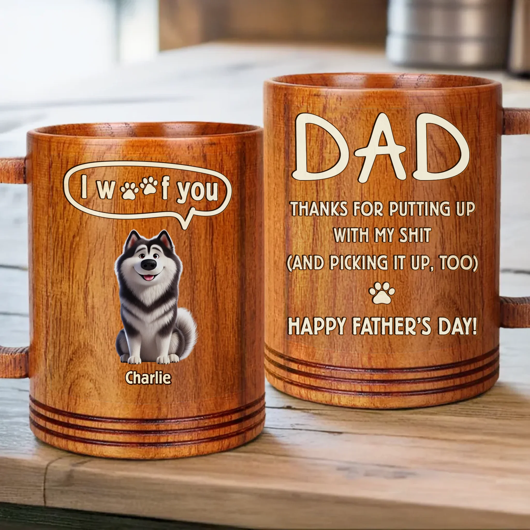 Thanks For Dealing With Our Mess, Dad - Dog Personalized Custom Wooden Mug - Father's Day,  Gift For Dad, Pet Owners, Pet Lovers - Robaser