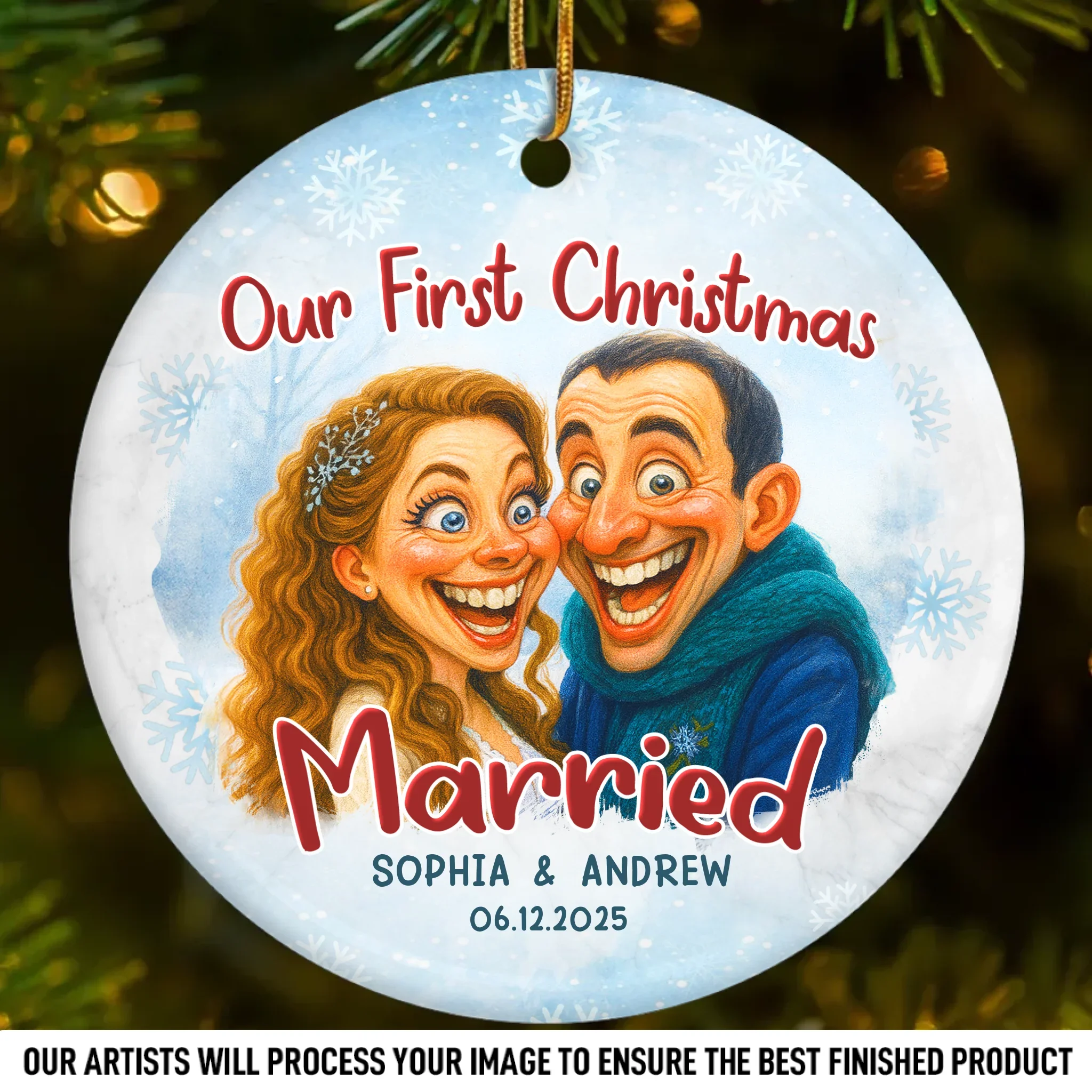 Custom Photo Funny Caricature Ceramic Ornament - Personalized Anniversary Christmas Wedding Gifts For Husband And Wife, Him And Her - Survived Our First Christmas As Mr And Mrs - Robaser