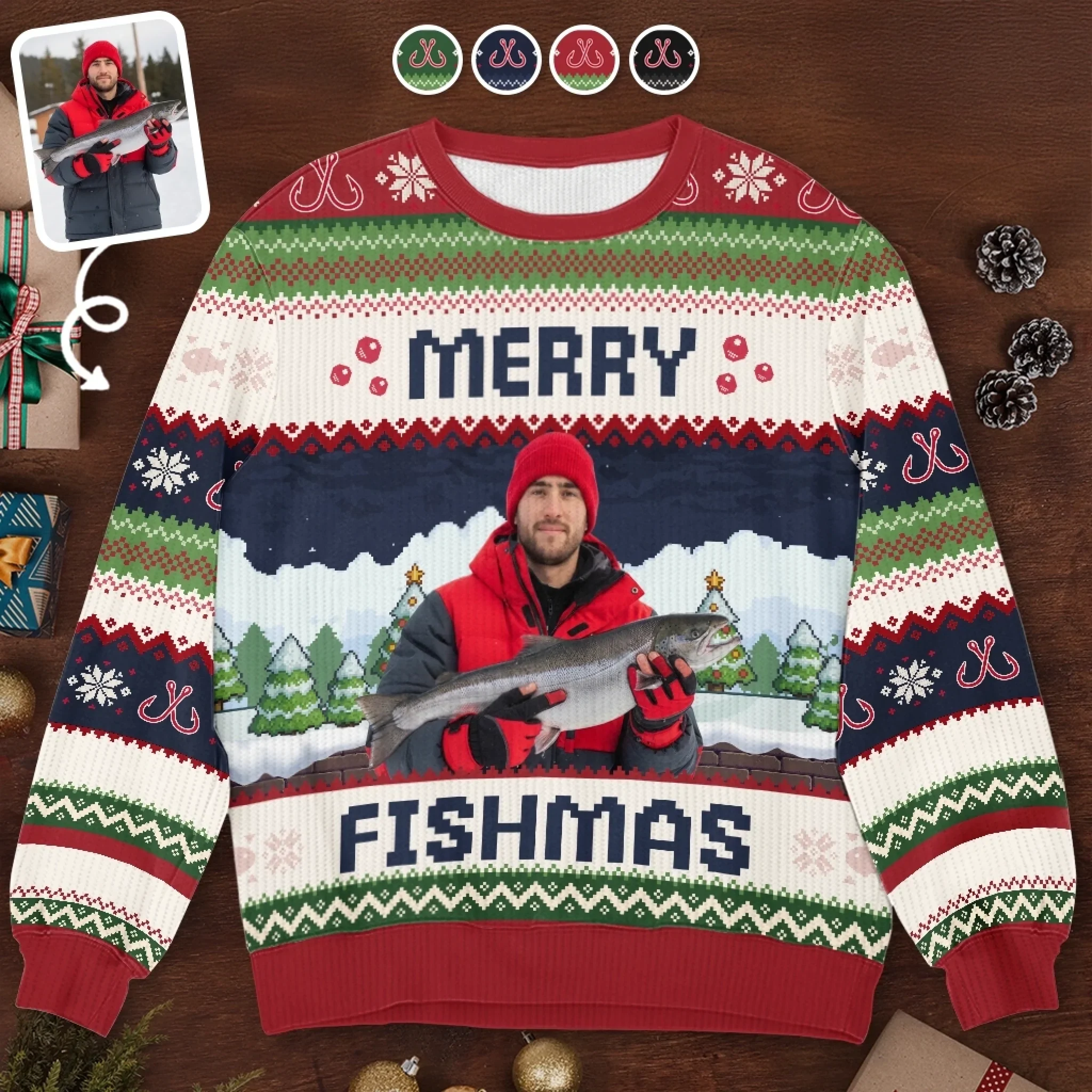 Custom Photo Unisex Ugly Sweatshirt - Personalized  Christmas Birthday Fishing Gifts For Fisherman - This Fishmas, I  m The Real Catch - Robaser