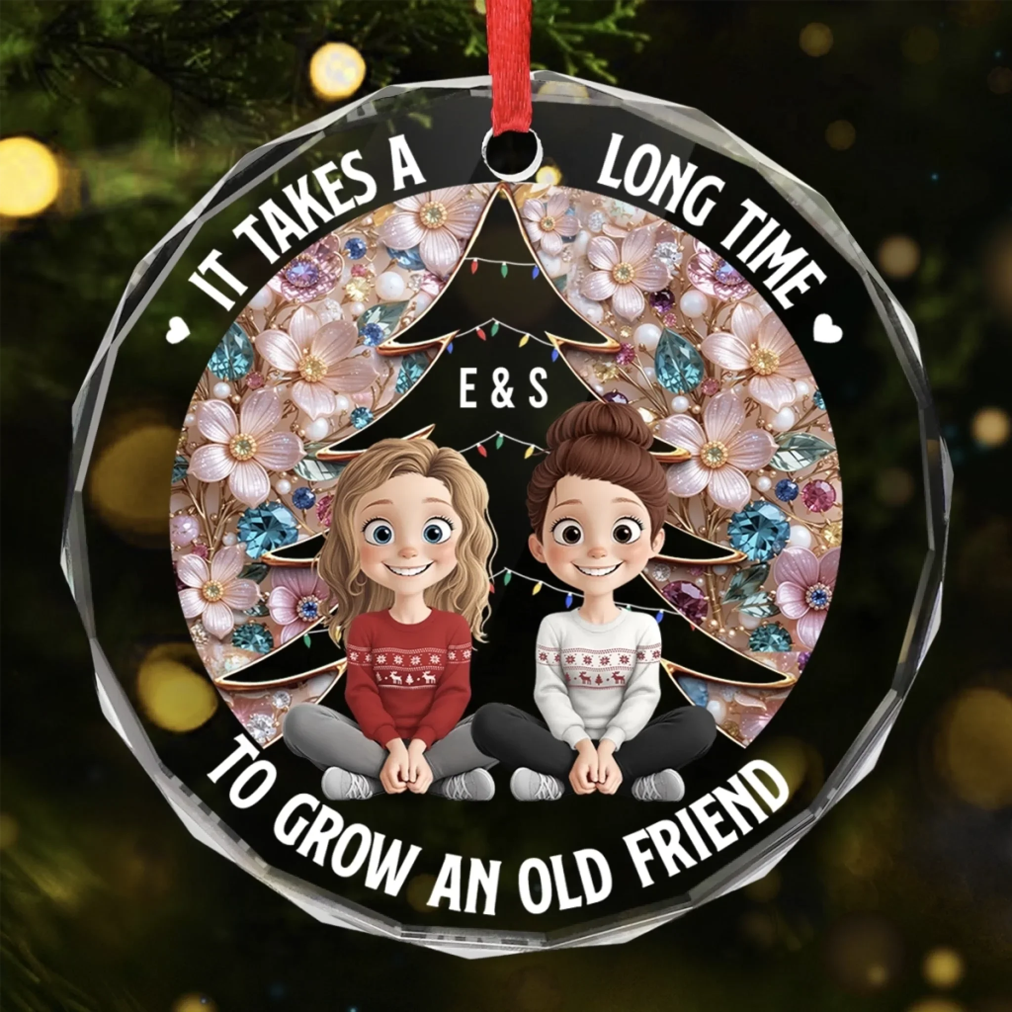Custom Circle Glass Ornament - Personalized Christmas Best Friend Birthday Gifts For Women, Besties, Sisters, BFF - Old Friends Flourish With Time - Robaser