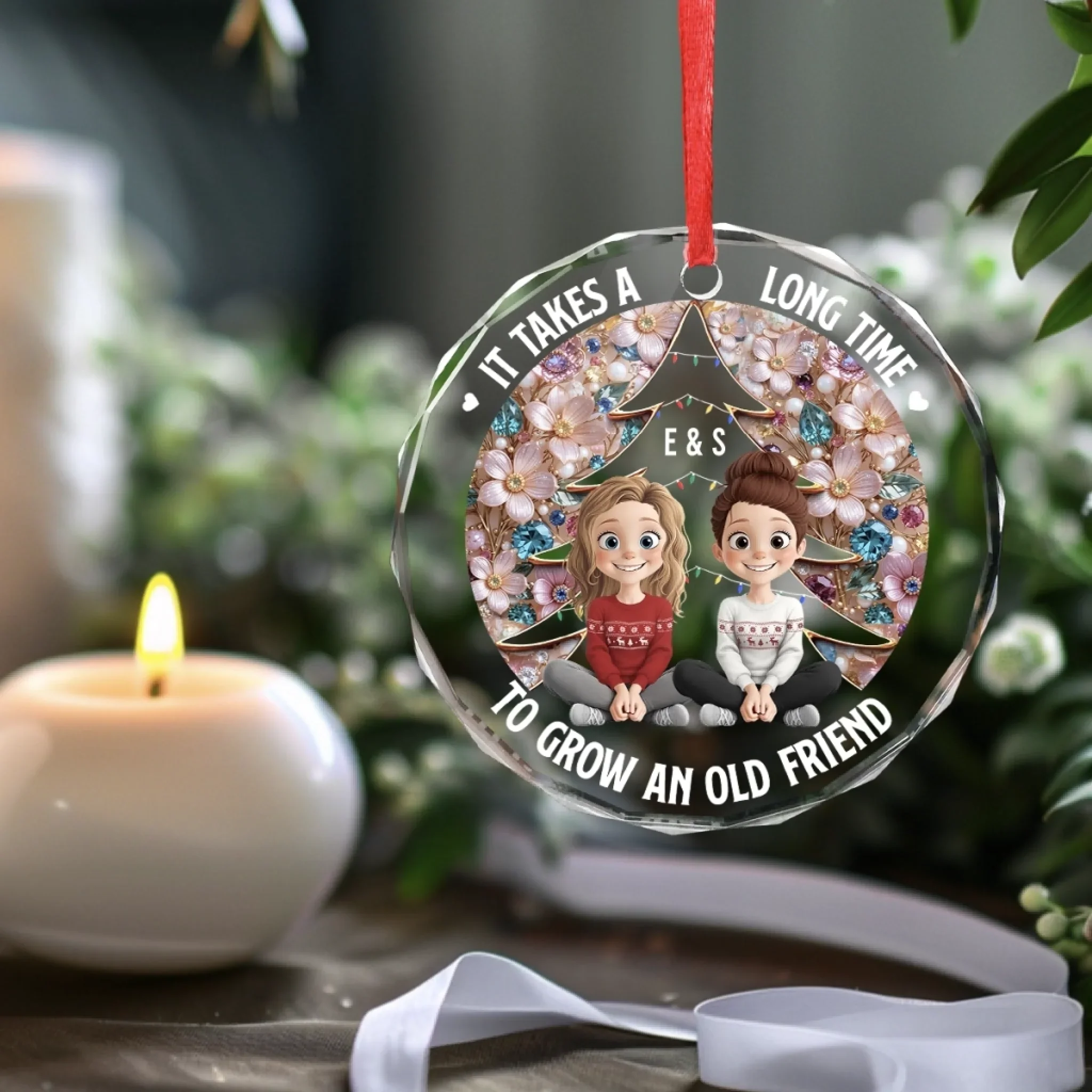 Custom Circle Glass Ornament - Personalized Christmas Best Friend Birthday Gifts For Women, Besties, Sisters, BFF - Old Friends Flourish With Time - Robaser