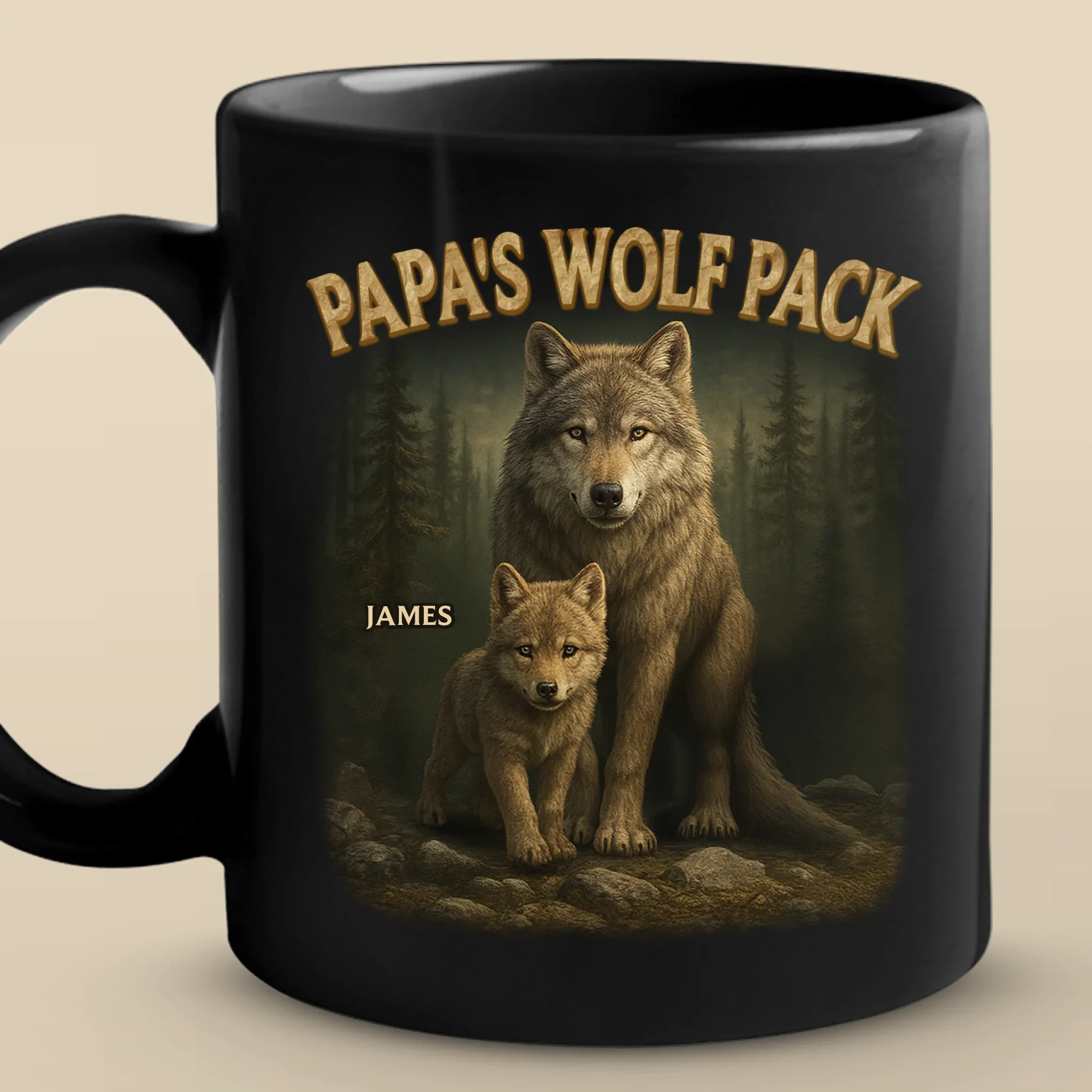 Bonded Like A Wolf Pack - Family Personalized Custom Black Mug - Father's Day, Gift For Dad, Grandpa - Robaser