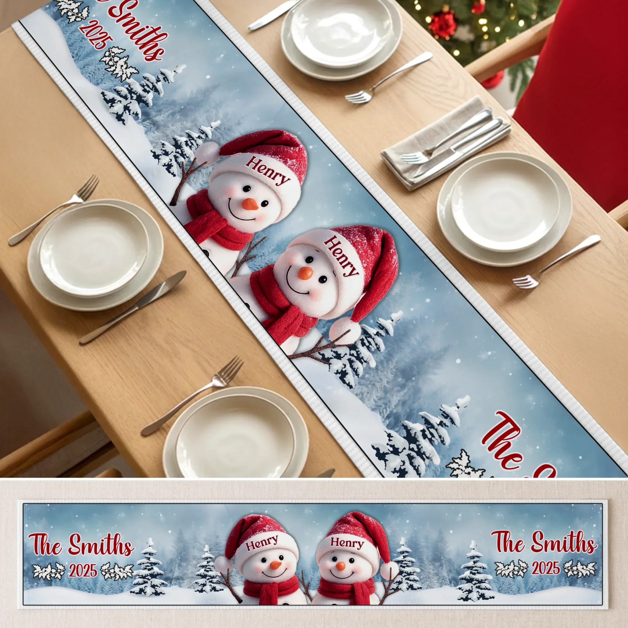 Custom Snowman Table Runner - Personalized Christmas Birthday Gifts For Mom, Dad, Brother, Sister, Kids - Joy Wrapped Around Our Hearts - Robaser