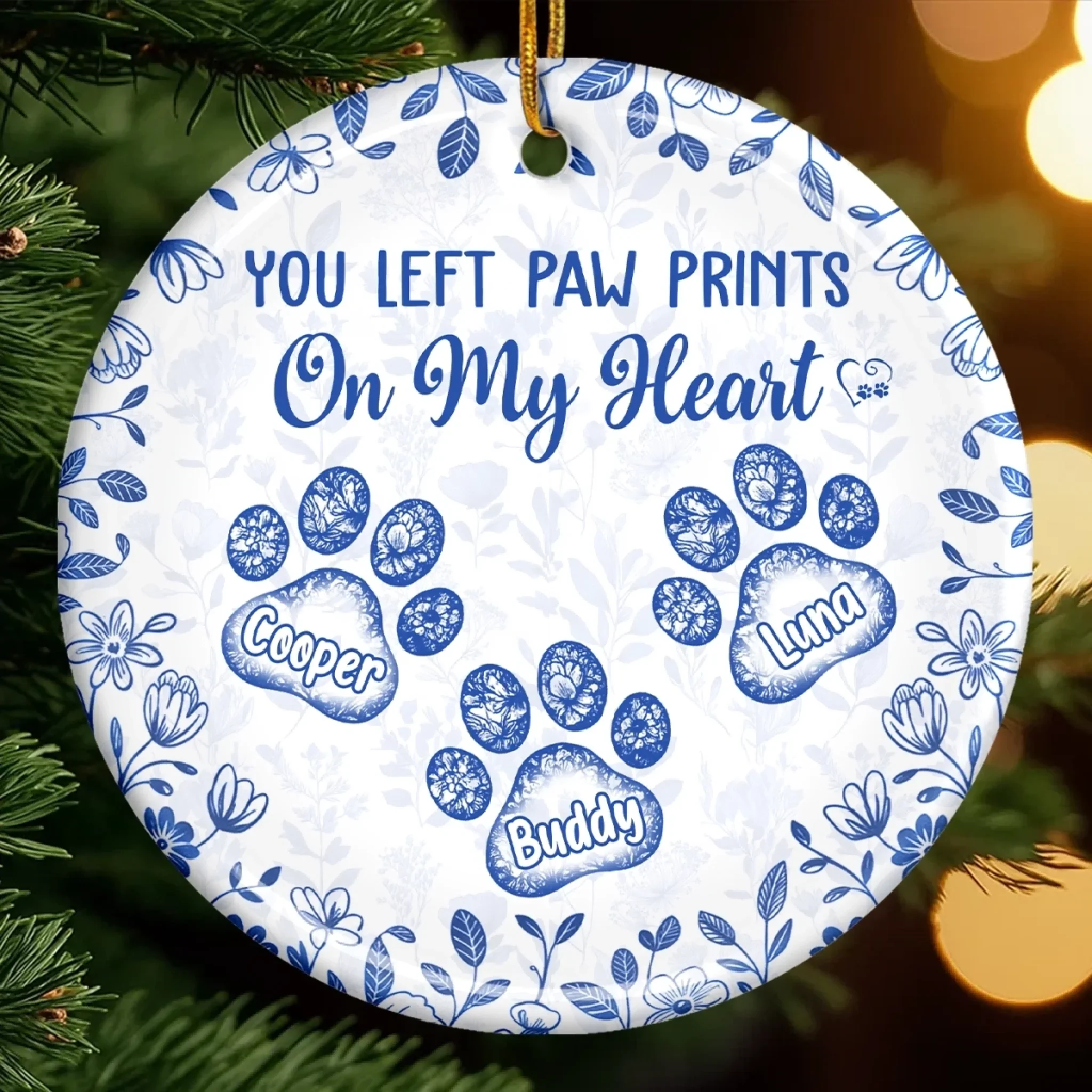 Custom Ceramic Ornament - Personalized Christmas Memorial Sympathy Gifts For Dogs, Cats - Paw Prints Etched In Love - Robaser