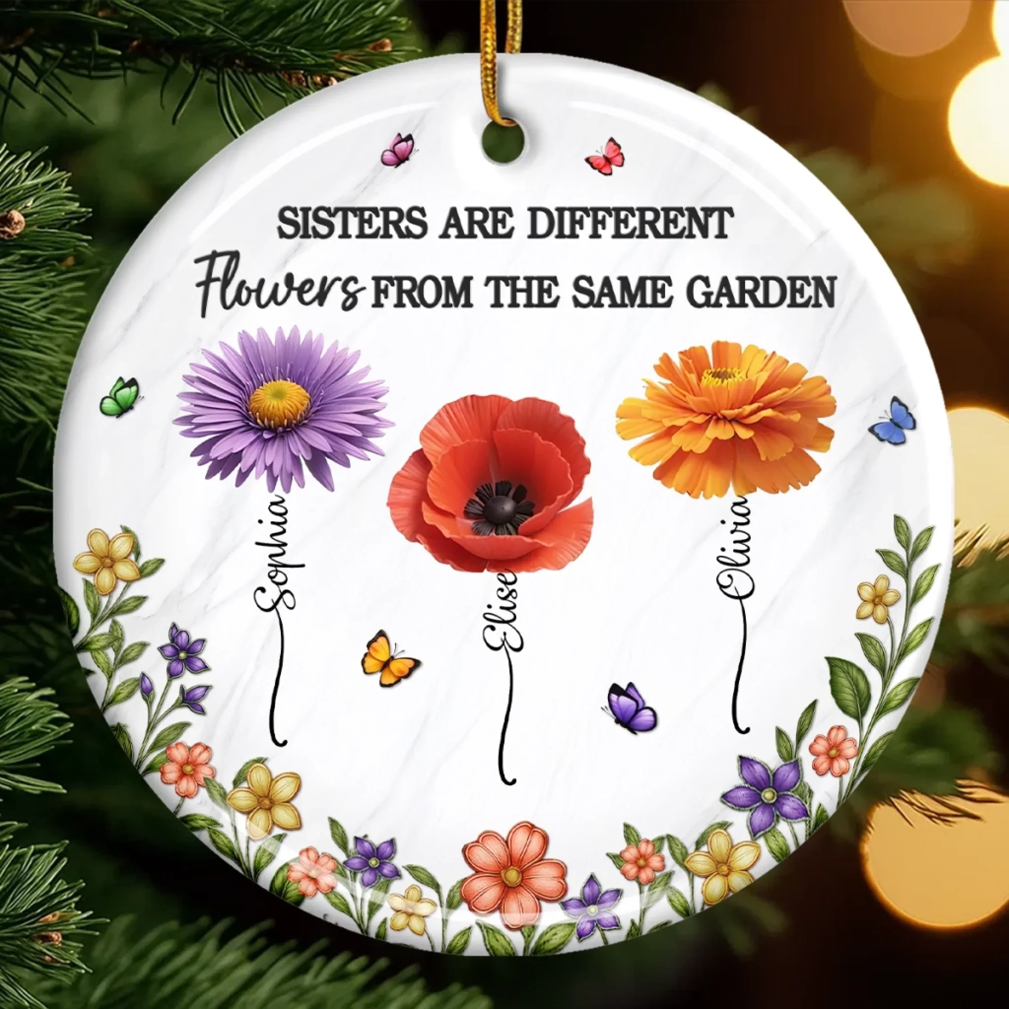 Custom Ceramic Ornament - Personalized Best Friend Christmas Birthday Gifts For Women, Besties, Sisters, BFF - Different Flowers, One Bond - Robaser