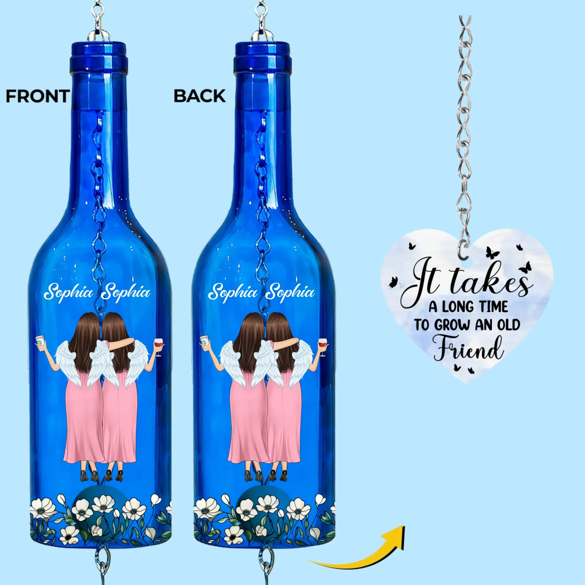 Custom Wine Bottle Wind Chime - Personalized Best Friend Birthday Gifts For Women, Besties, Sisters, BFF - No Limits To Friendship - Robaser