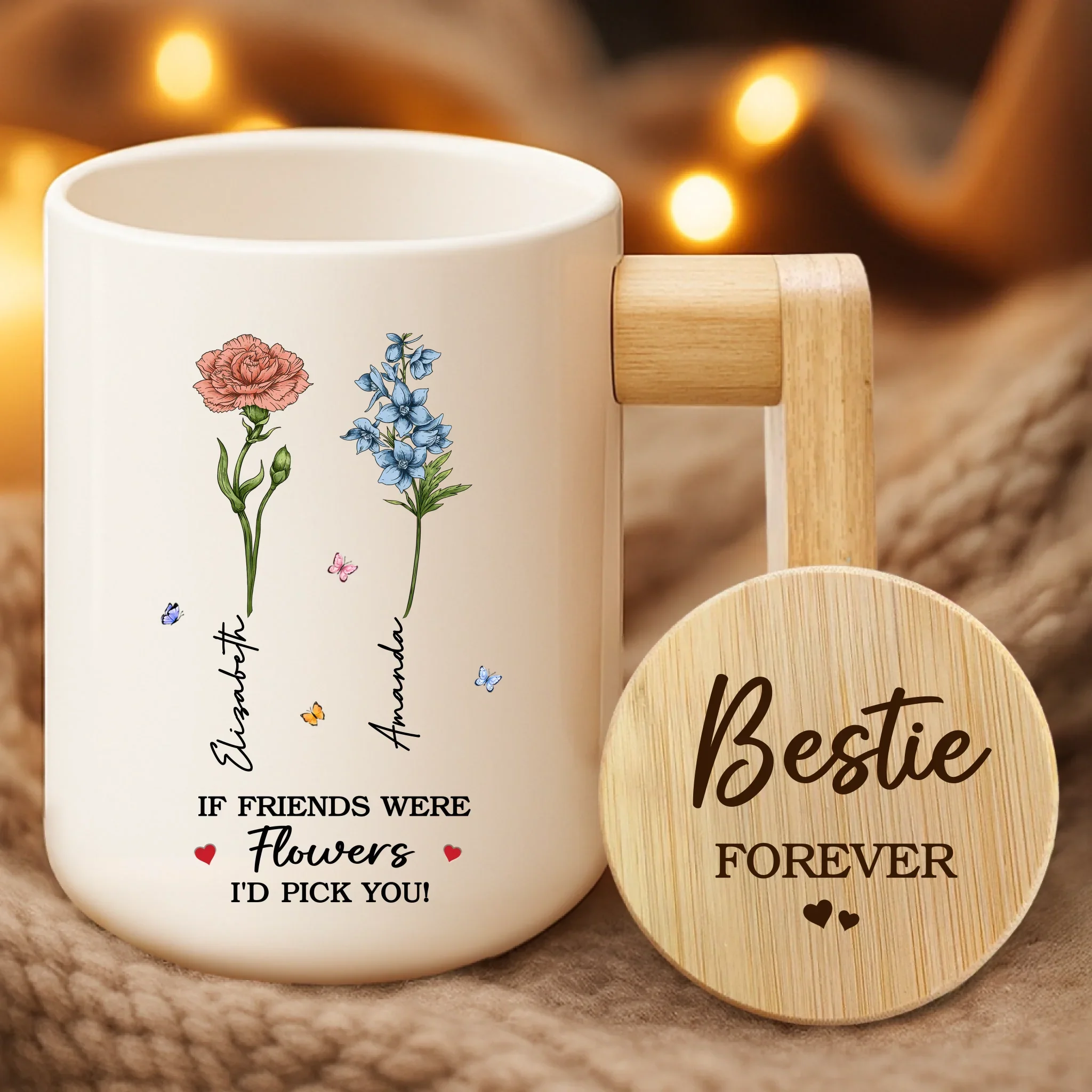 Custom Ceramic Mug With Wooden Lid & Handle - Personalized Best Friend Birthday Gifts For Women - Friendship In Full Bloom - Robaser