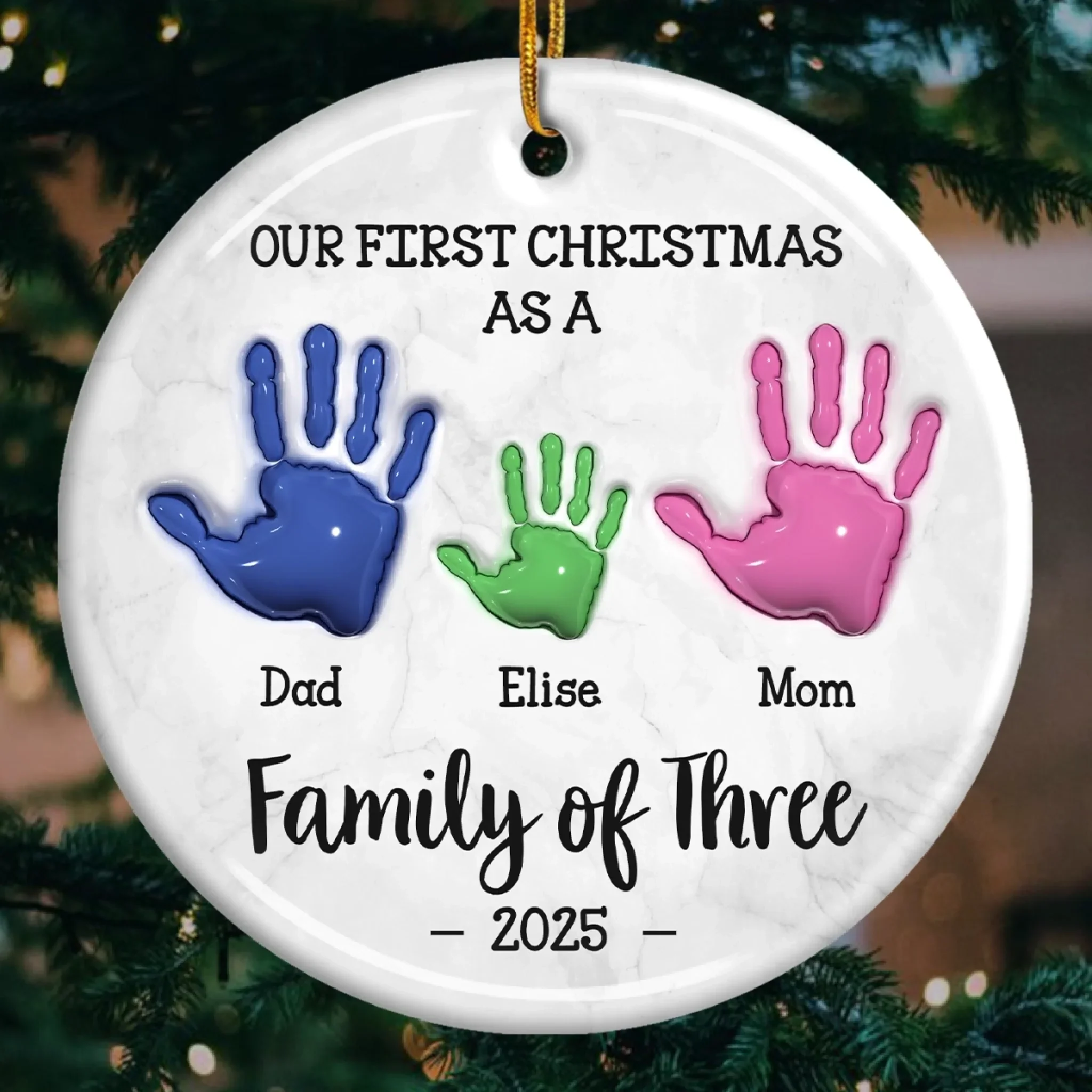 Custom Ceramic Ornament - Personalized Christmas Birthday Gifts For Mom, Dad, Kids - Our First Handprint Christmas Keepsake - Robaser