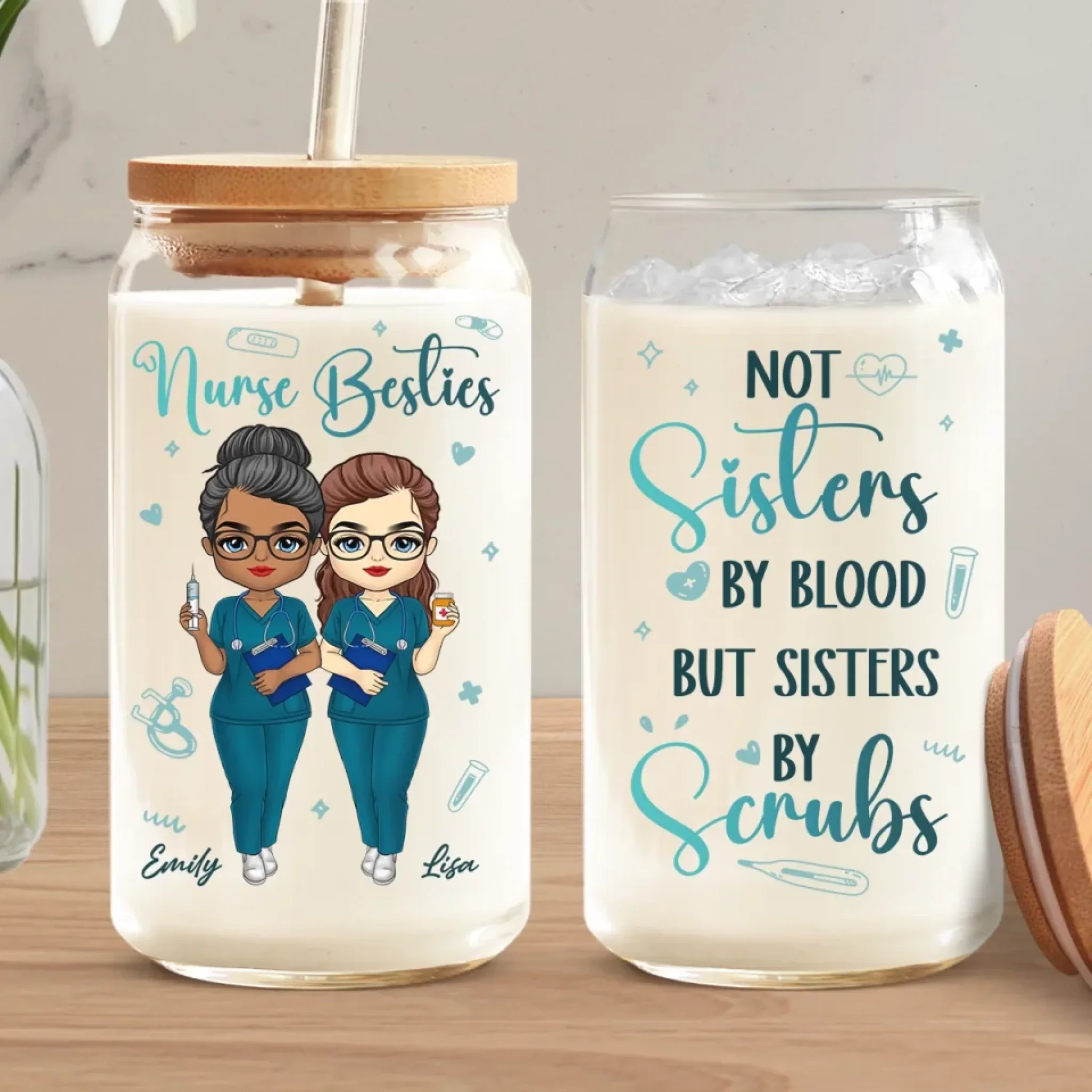 Not Just Coworkers, Scrub Soulmates - Nurse Personalized Custom Glass Cup, Iced Coffee Cup - Appreciation, Thank You Gift, Nurse Life, Doctor Life - Robaser