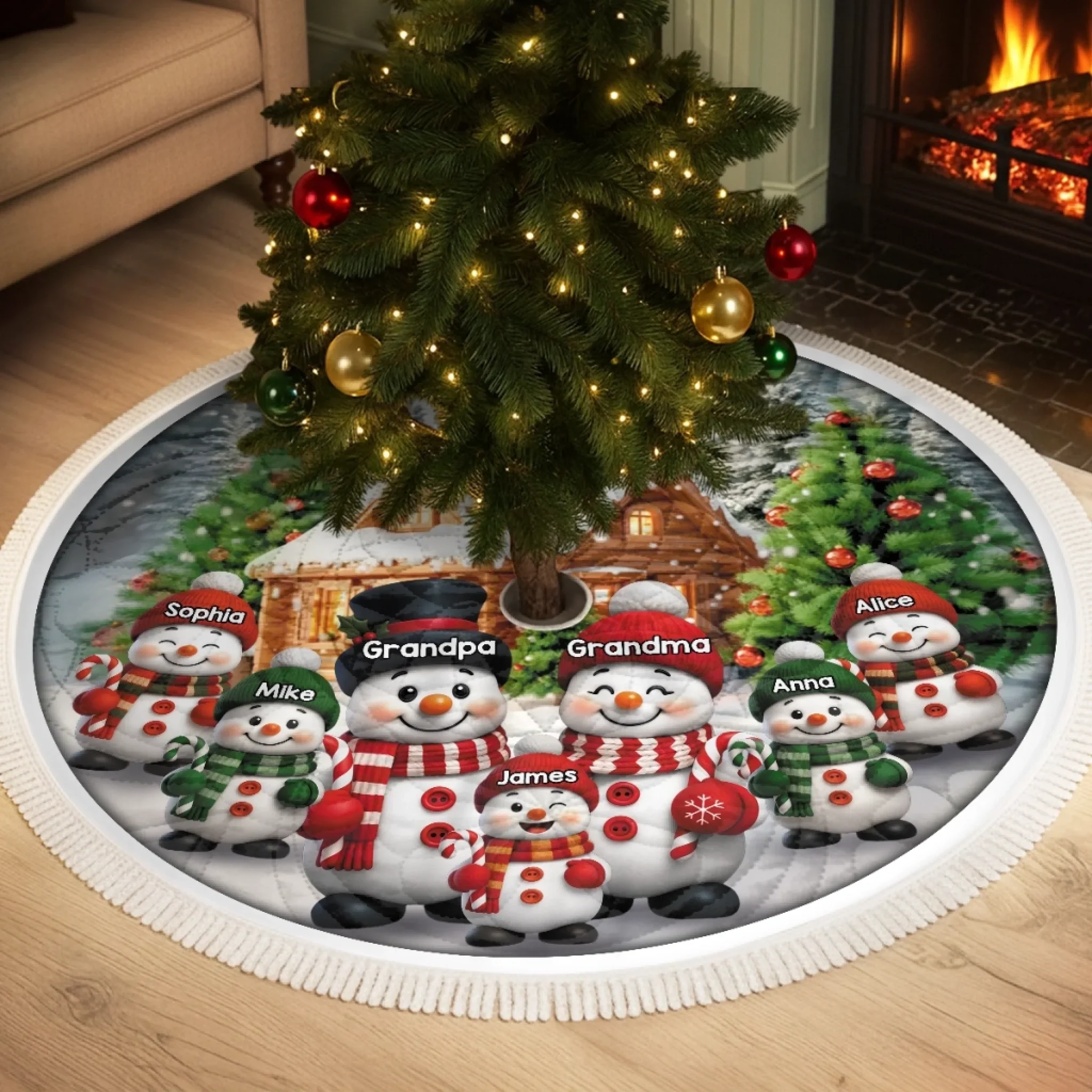 Custom Snowman Tree Skirt - Personalized Christmas Birthday Gifts For Grandma, Grandpa, Grandparents - Love Wrapped In Holiday Magic - Robaser