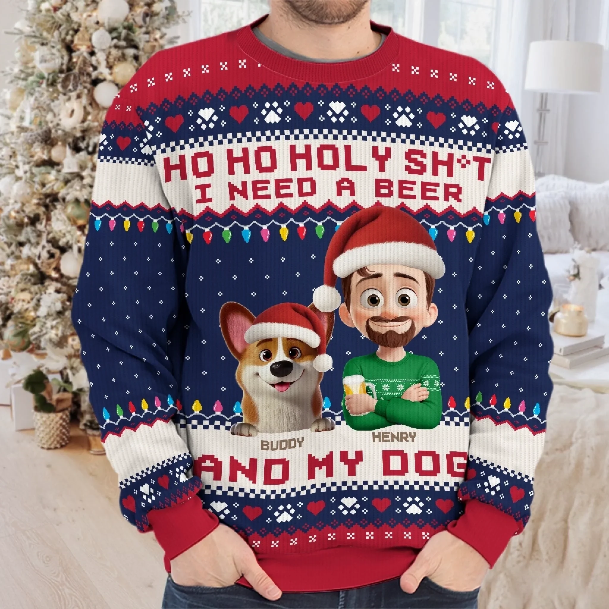 Custom Unisex Ugly Sweatshirt - Personalized  Christmas Birthday Gifts For Dog Lovers, Dog Dad And Mom - Santa  s Drinking Buddy - Robaser