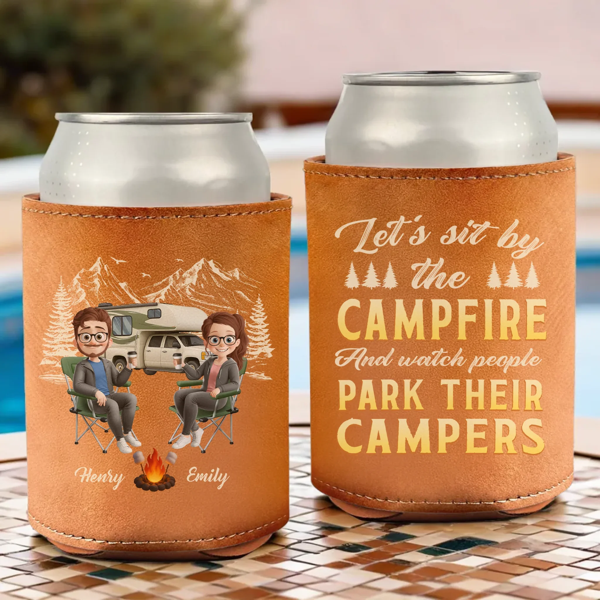 Custom Leather Can Cooler - Personalized Anniversary Wedding Gifts For Campers, Husband And Wife, Him And Her - Lost In The Woods, Found A Beer - Robaser